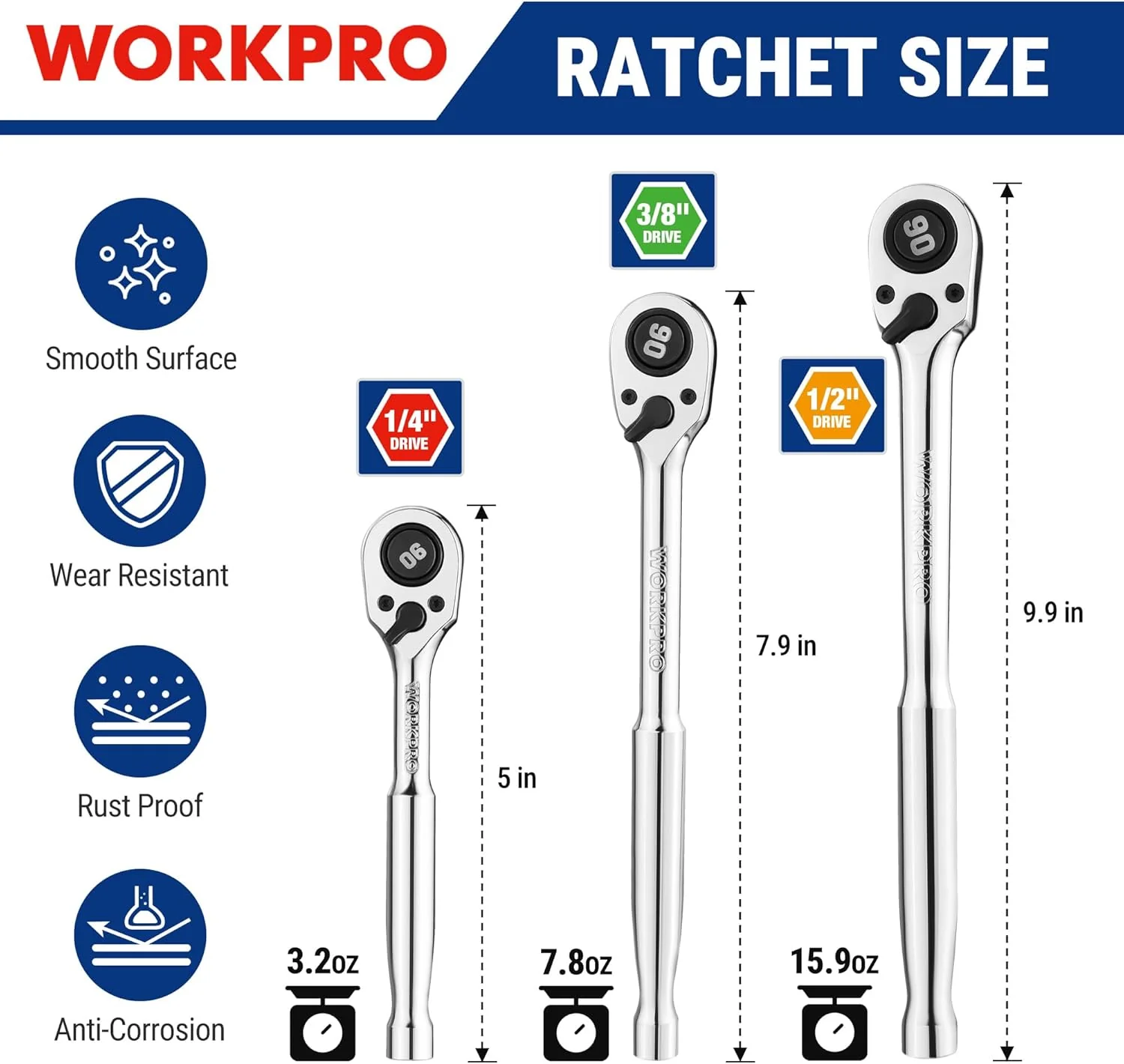 WORKPRO 3-Piece Low-Profile Drive Ratchet, 1/4", 3/8", 1/2" 90-Tooth Quick-Release Ratchet Wrench, Reversible, 4° Swing, CR-MO Compact Drive Head, Full Polished, Gifts for Men - Image 2