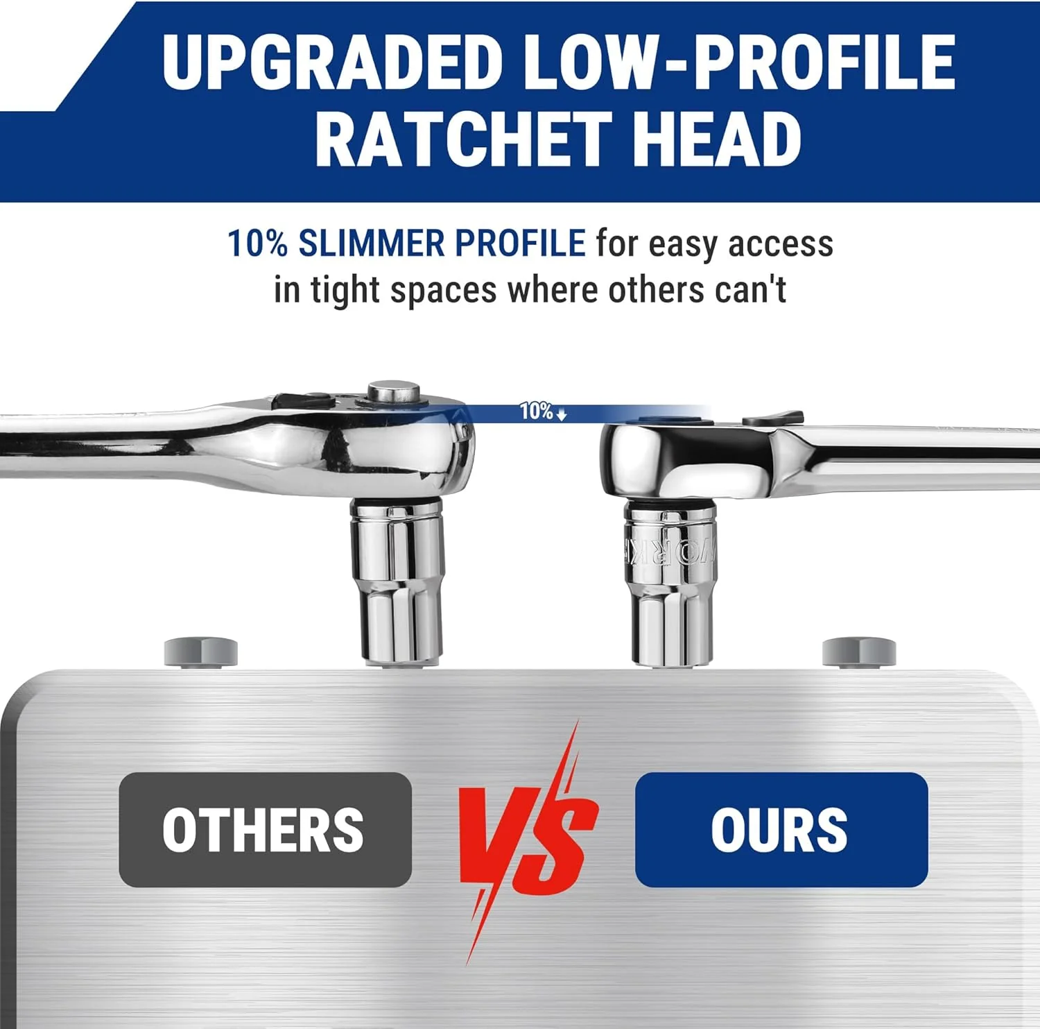 WORKPRO 3-Piece Low-Profile Drive Ratchet, 1/4", 3/8", 1/2" 90-Tooth Quick-Release Ratchet Wrench, Reversible, 4° Swing, CR-MO Compact Drive Head, Full Polished, Gifts for Men - Image 4
