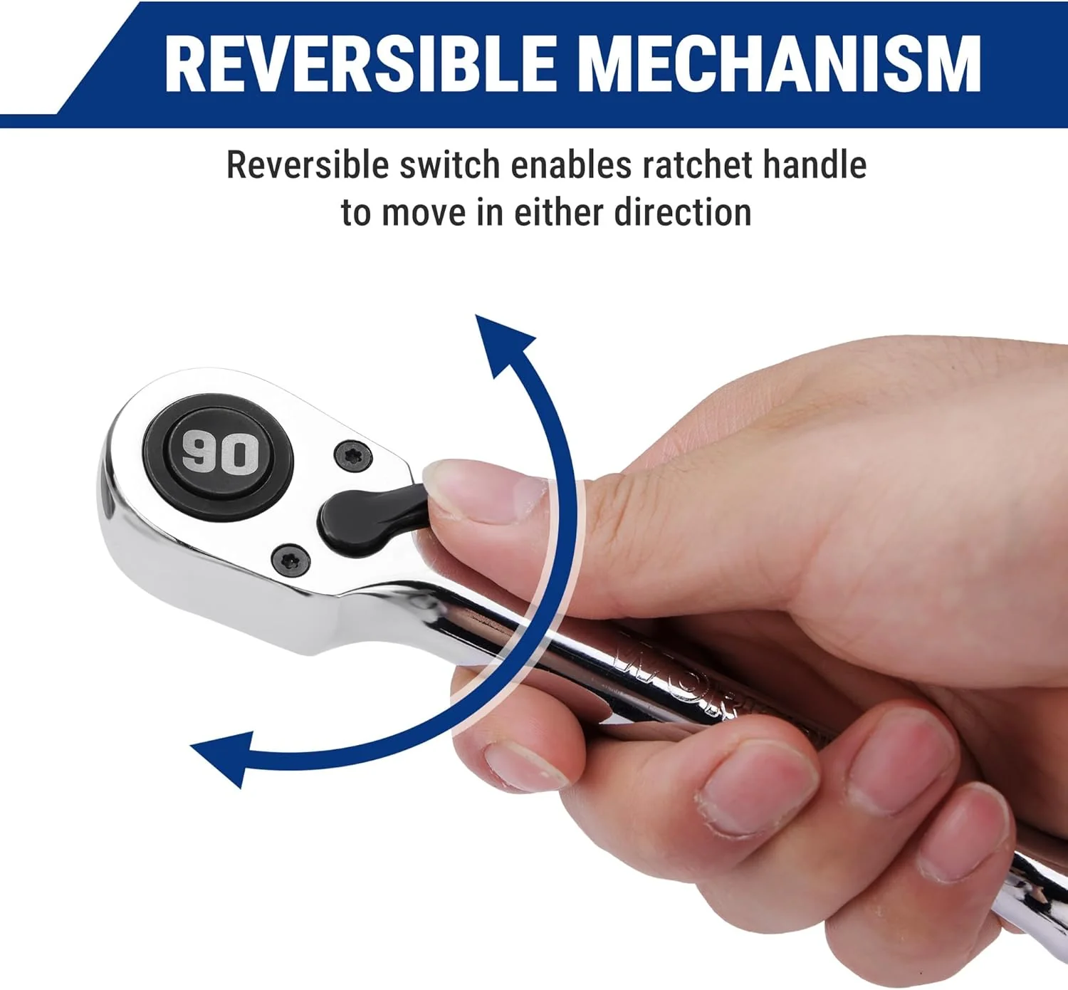 WORKPRO 3-Piece Low-Profile Drive Ratchet, 1/4", 3/8", 1/2" 90-Tooth Quick-Release Ratchet Wrench, Reversible, 4° Swing, CR-MO Compact Drive Head, Full Polished, Gifts for Men - Image 5
