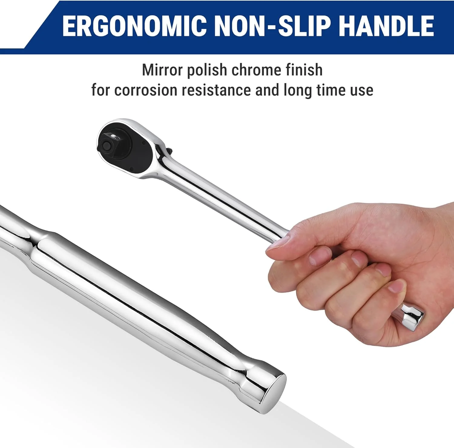 WORKPRO 3-Piece Low-Profile Drive Ratchet, 1/4", 3/8", 1/2" 90-Tooth Quick-Release Ratchet Wrench, Reversible, 4° Swing, CR-MO Compact Drive Head, Full Polished, Gifts for Men - Image 6