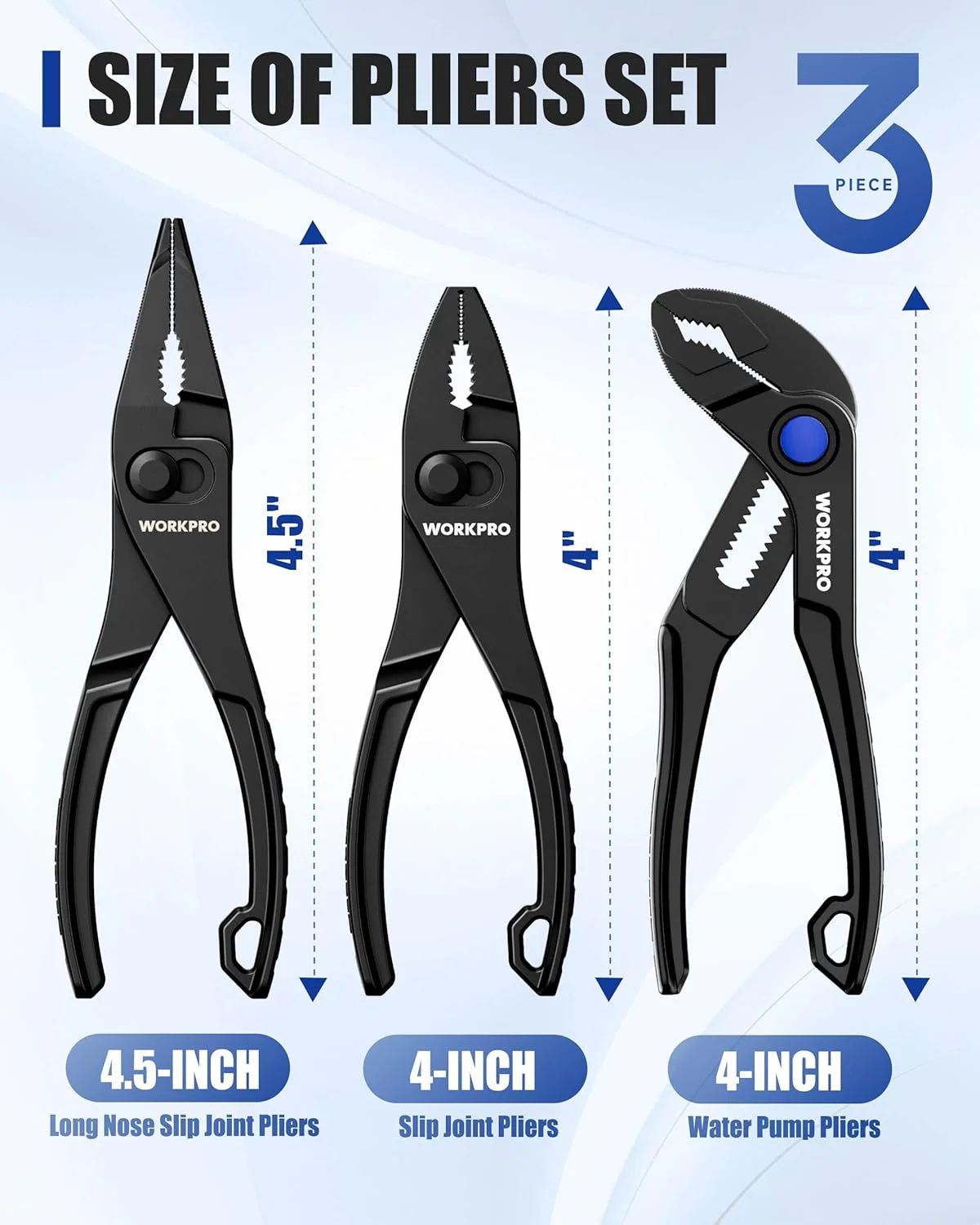 WORKPRO 3-Piece Mini Pliers Set with Pouch, 4-Inch Slip Joint Plier & 4-Inch Water Pump Plier & 4.5-Inch Long Nose Slip Joint Plier, High-Toughness Pocket Pliers for Tight Spaces & Versatile Use - Image 3