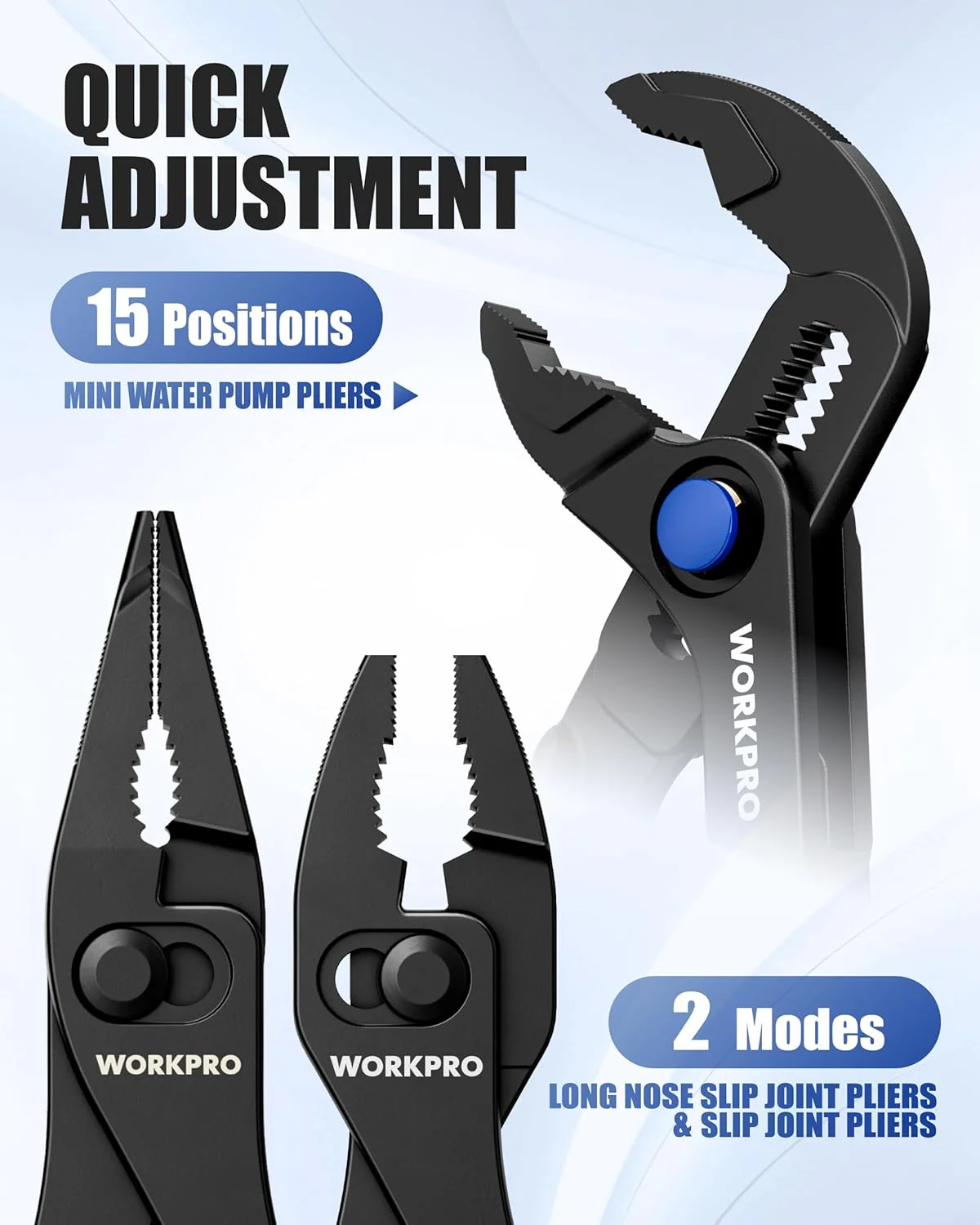 WORKPRO 3-Piece Mini Pliers Set with Pouch, 4-Inch Slip Joint Plier & 4-Inch Water Pump Plier & 4.5-Inch Long Nose Slip Joint Plier, High-Toughness Pocket Pliers for Tight Spaces & Versatile Use - Image 4