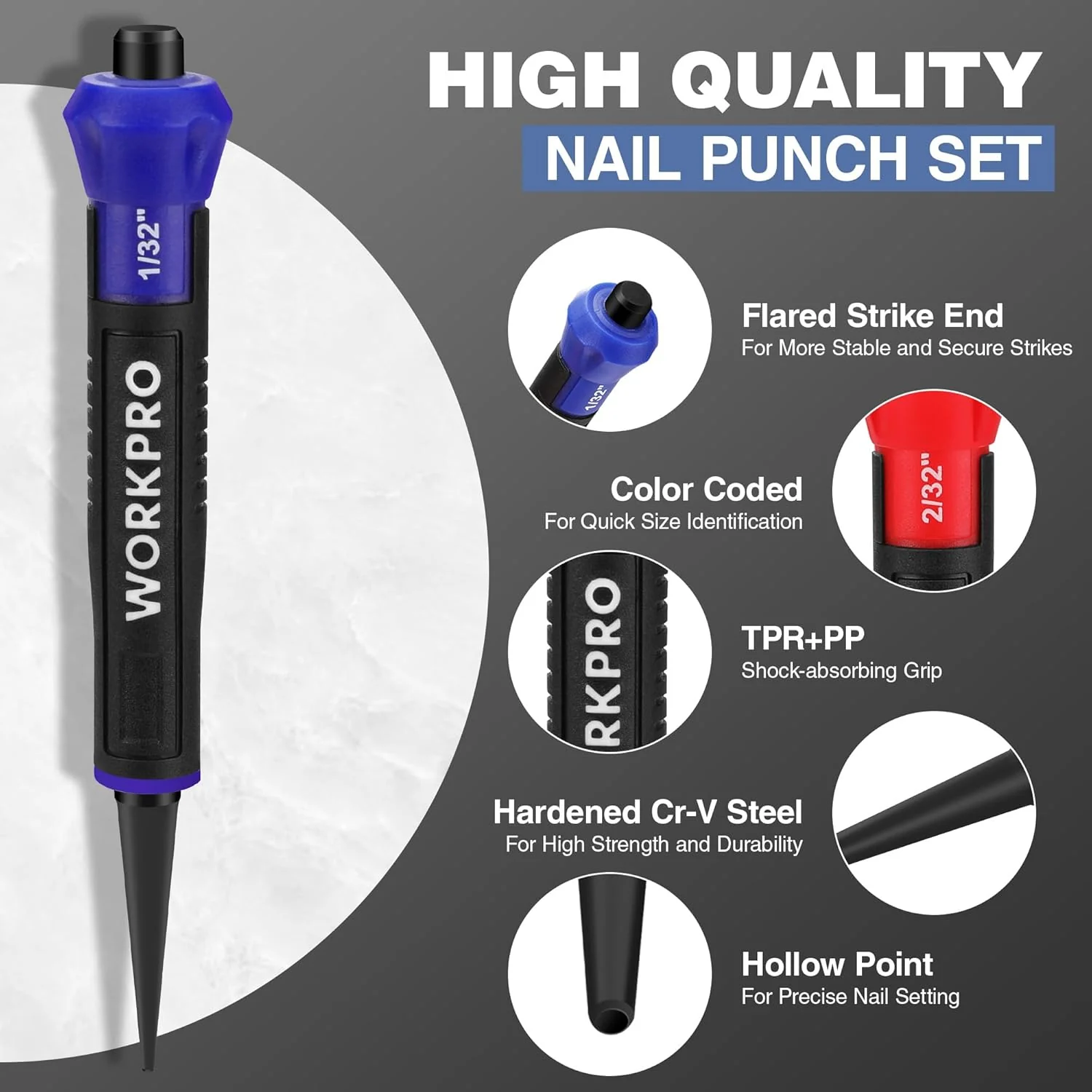 WORKPRO 3-Piece Nail Punch Set, Includes 1/32", 1/16", 3/32" Nail Setter, Color Coded Nail Set Tool with Shock-Absorbing Grip - Image 2