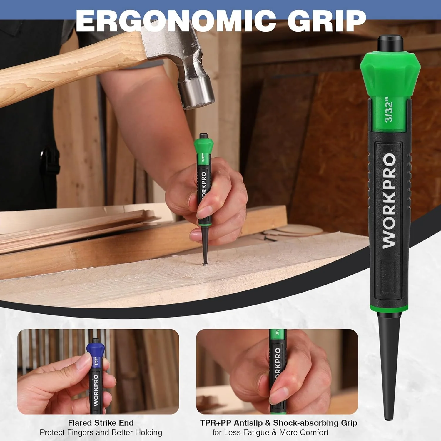 WORKPRO 3-Piece Nail Punch Set, Includes 1/32", 1/16", 3/32" Nail Setter, Color Coded Nail Set Tool with Shock-Absorbing Grip - Image 4