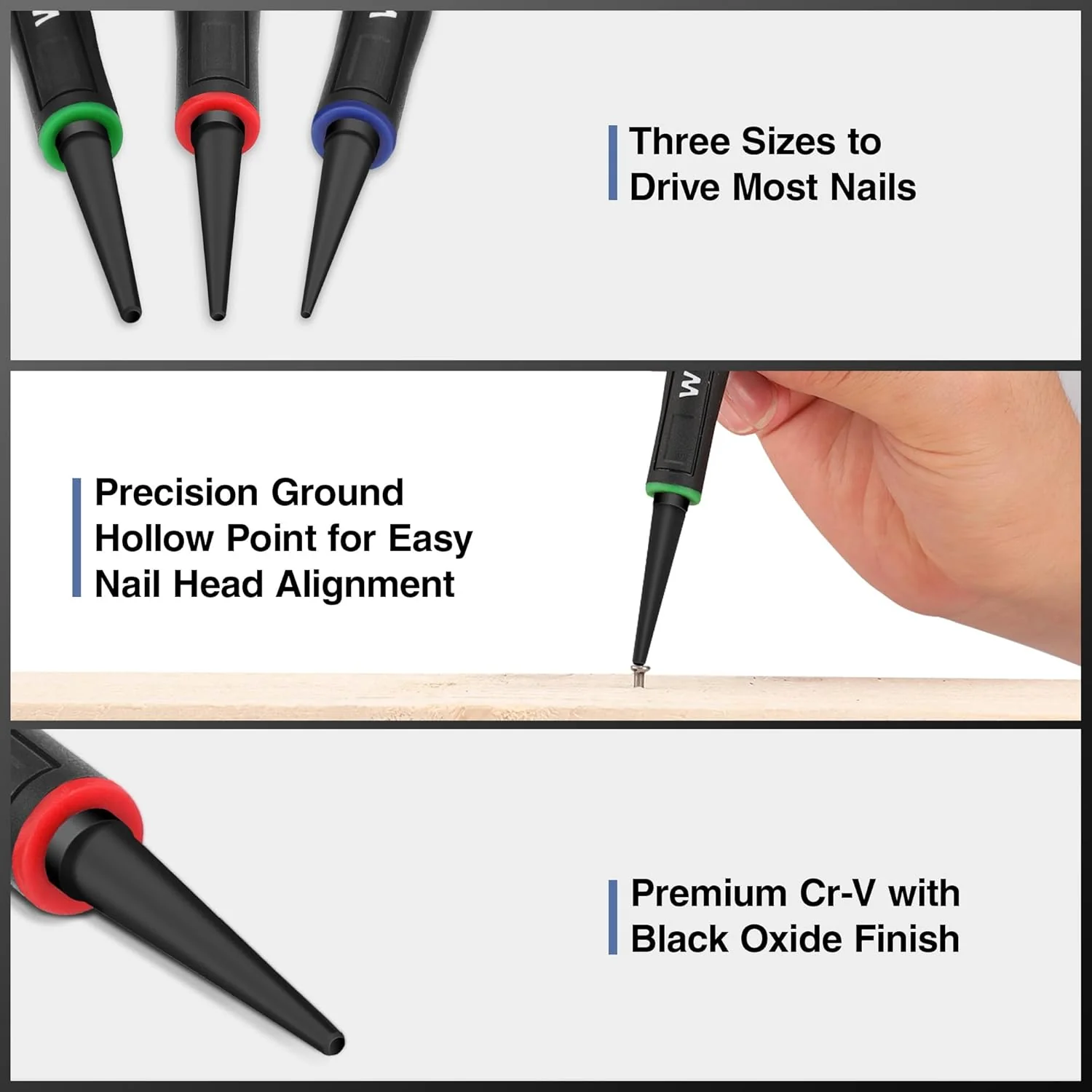WORKPRO 3-Piece Nail Punch Set, Includes 1/32", 1/16", 3/32" Nail Setter, Color Coded Nail Set Tool with Shock-Absorbing Grip - Image 5