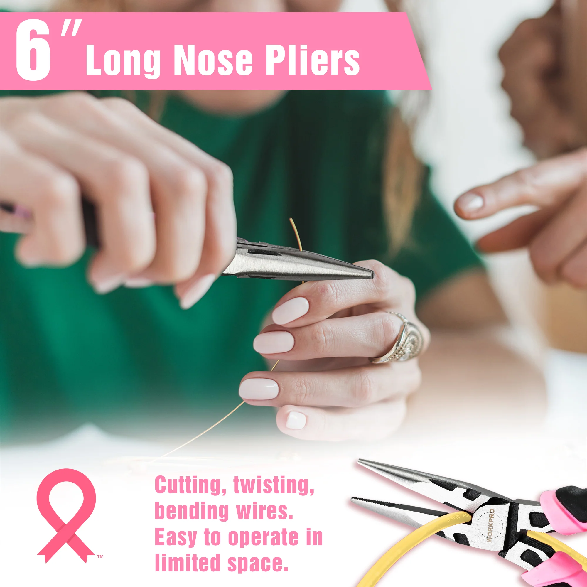 WORKPRO 3-Piece Pliers Set, Including Needle Nose Pliers, Diagonal Cutting Pliers, and Slip Joint Pliers - Pink Ribbon - Image 2