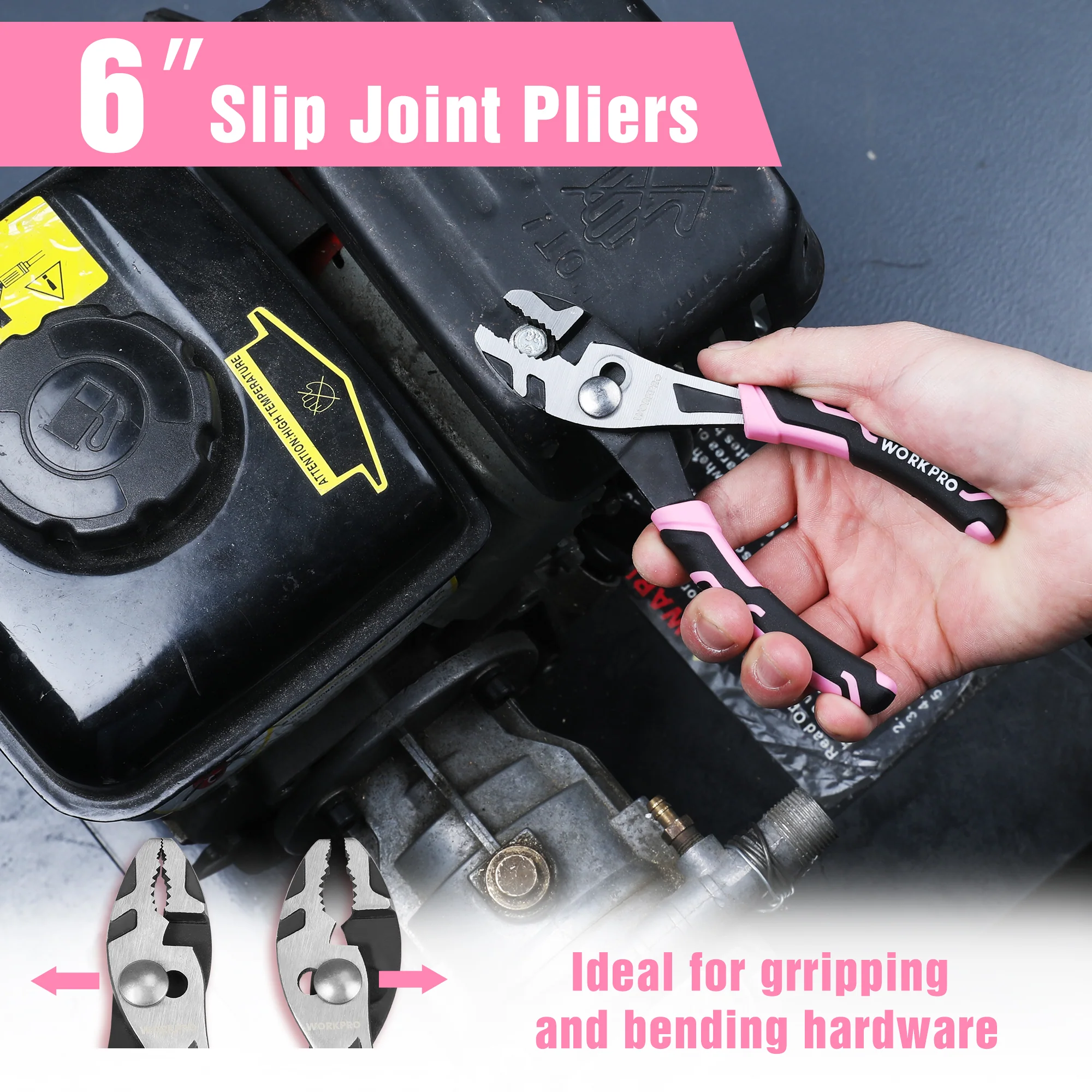 WORKPRO 3-Piece Pliers Set, Including Needle Nose Pliers, Diagonal Cutting Pliers, and Slip Joint Pliers - Pink Ribbon - Image 3