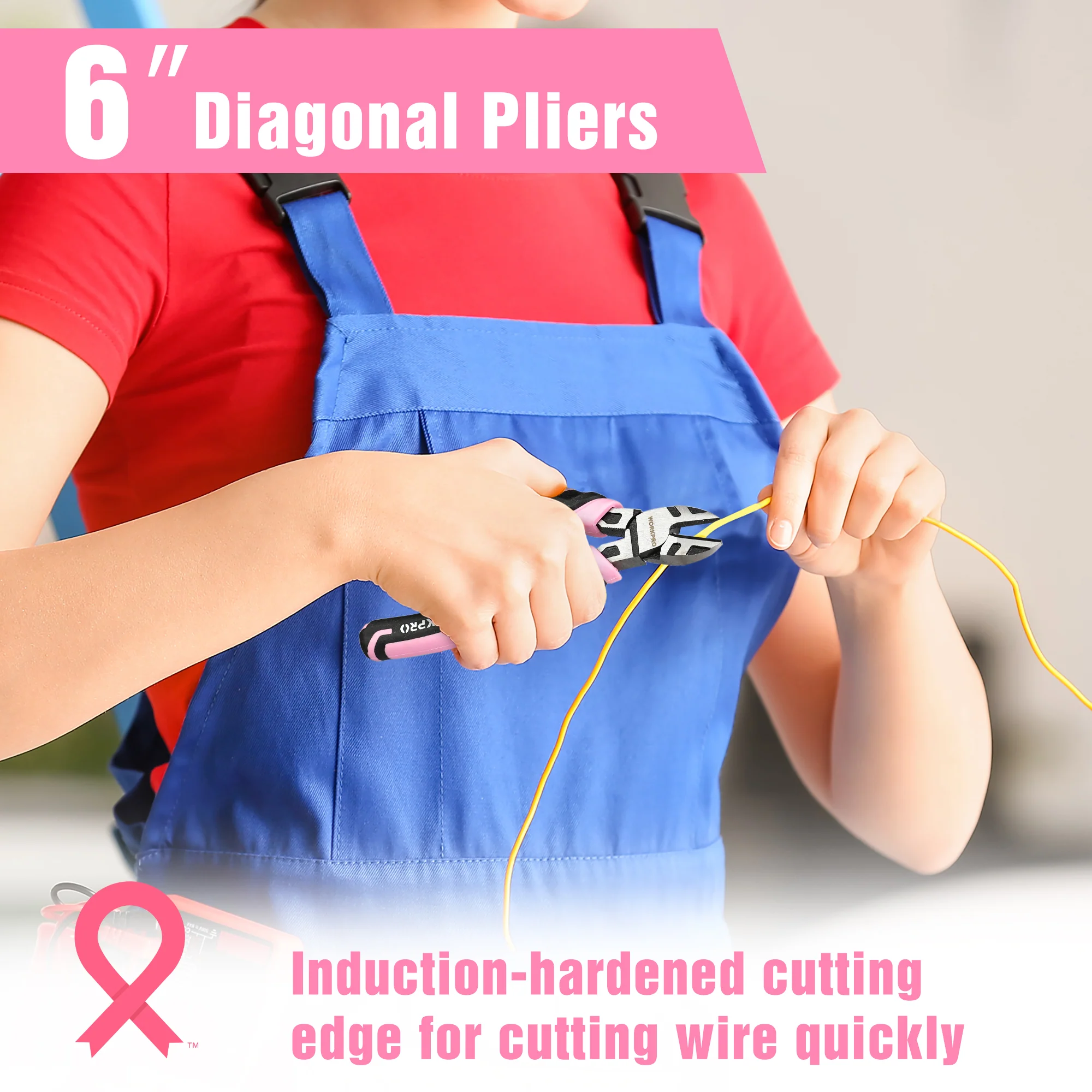 WORKPRO 3-Piece Pliers Set, Including Needle Nose Pliers, Diagonal Cutting Pliers, and Slip Joint Pliers - Pink Ribbon - Image 4
