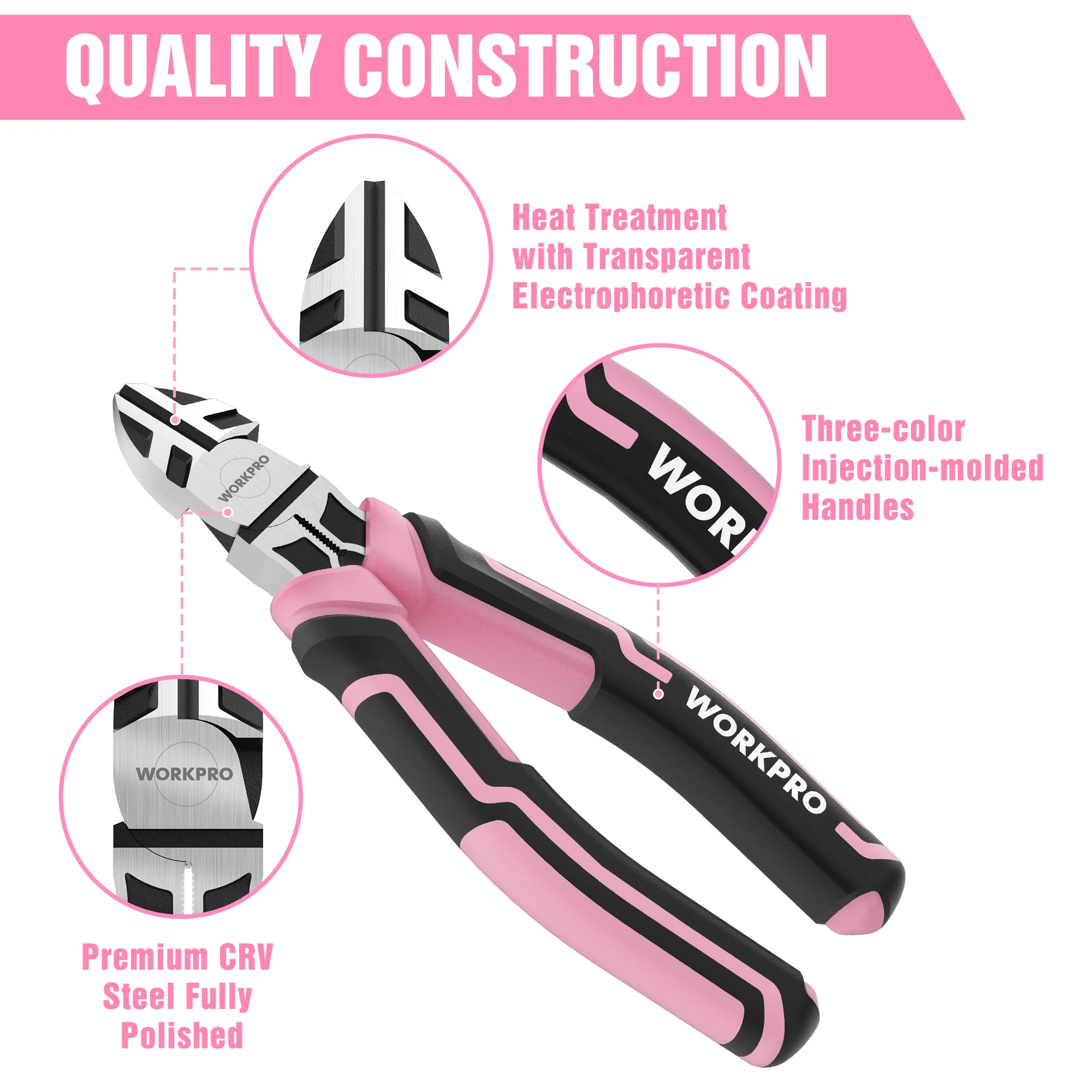 WORKPRO 3-Piece Pliers Set, Including Needle Nose Pliers, Diagonal Cutting Pliers, and Slip Joint Pliers - Pink Ribbon - Image 5