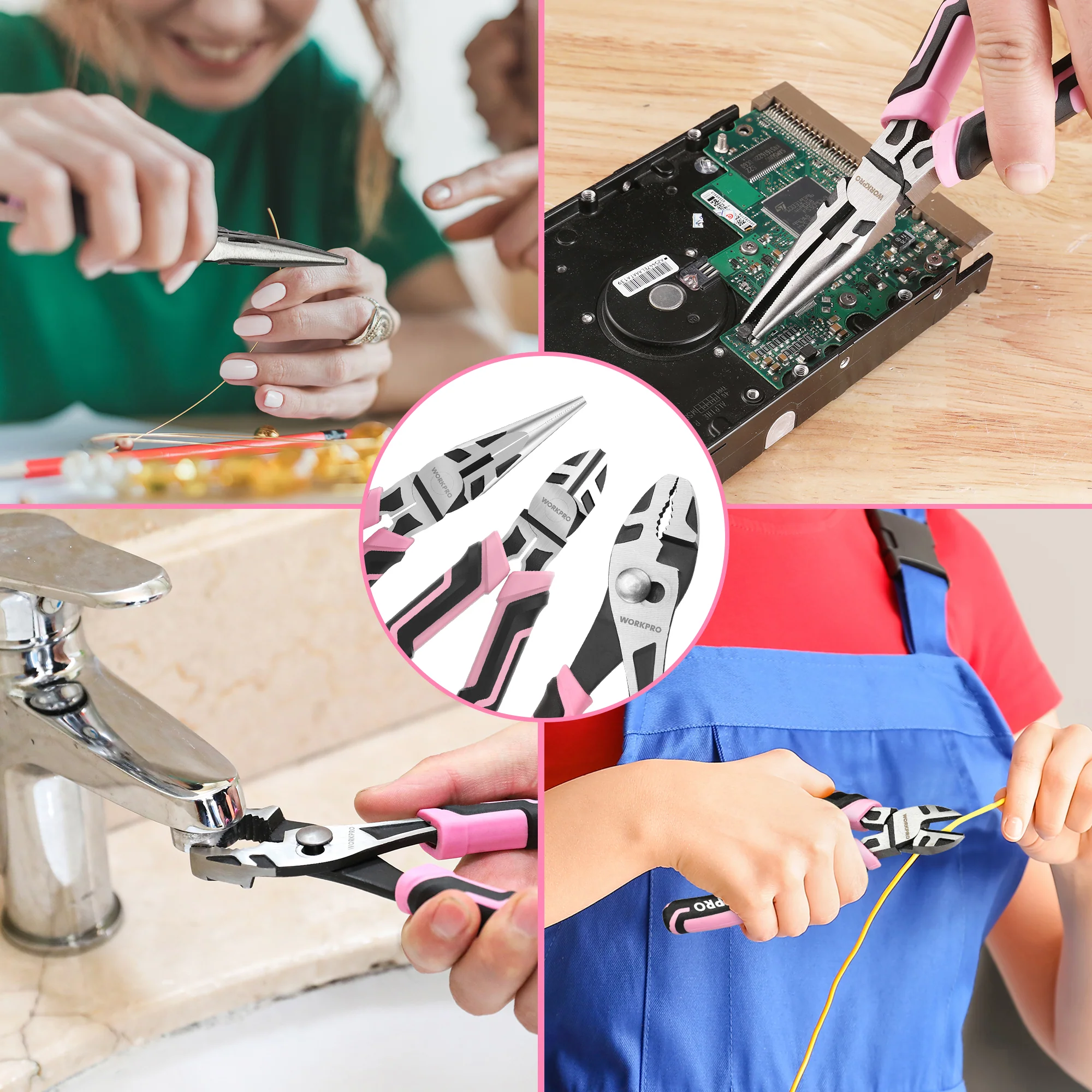 WORKPRO 3-Piece Pliers Set, Including Needle Nose Pliers, Diagonal Cutting Pliers, and Slip Joint Pliers - Pink Ribbon - Image 6