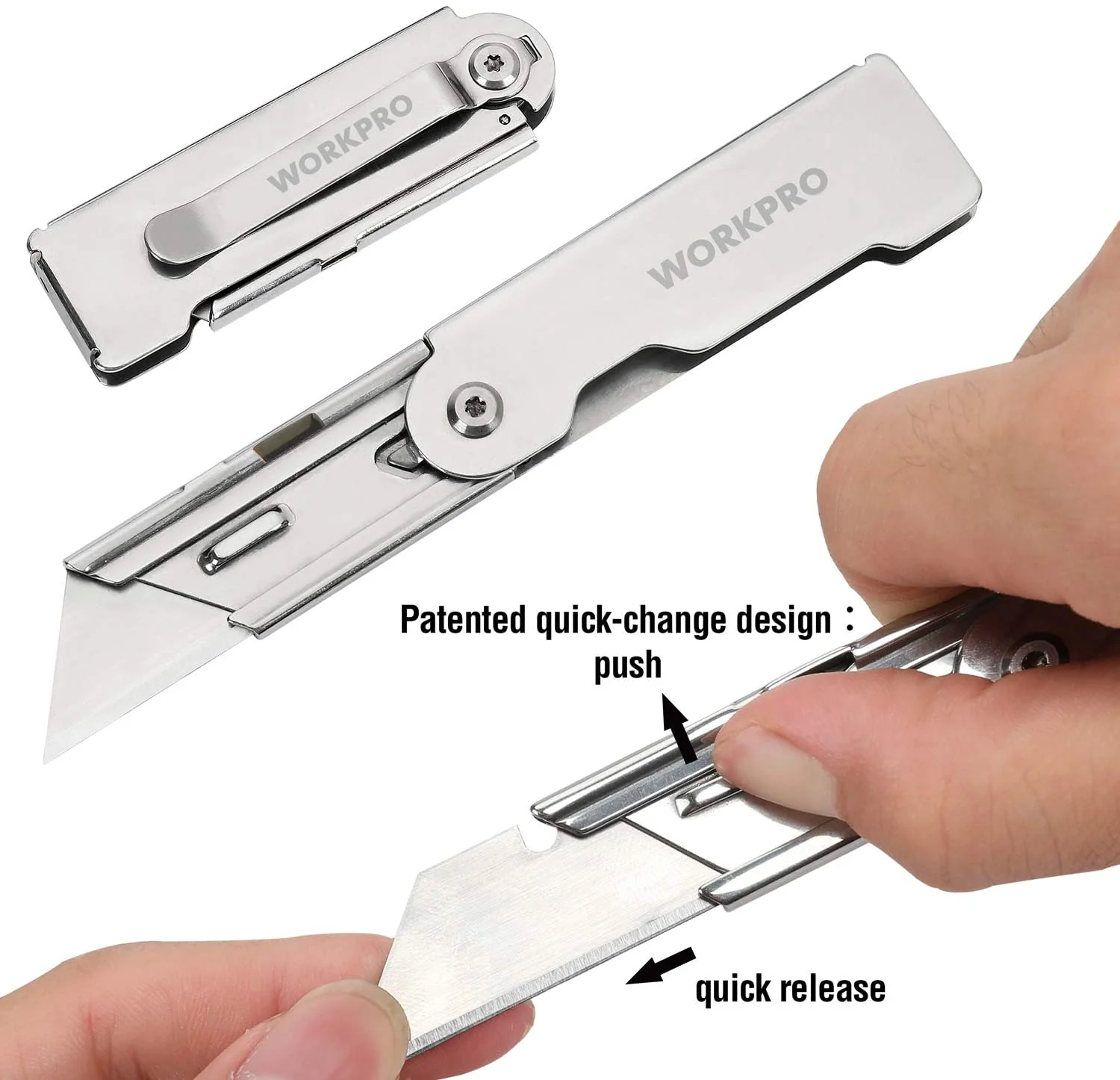 WORKPRO 3 Pcs Quick Change Folding Pocket Utility Knife Set with Belt Clip - Image 2