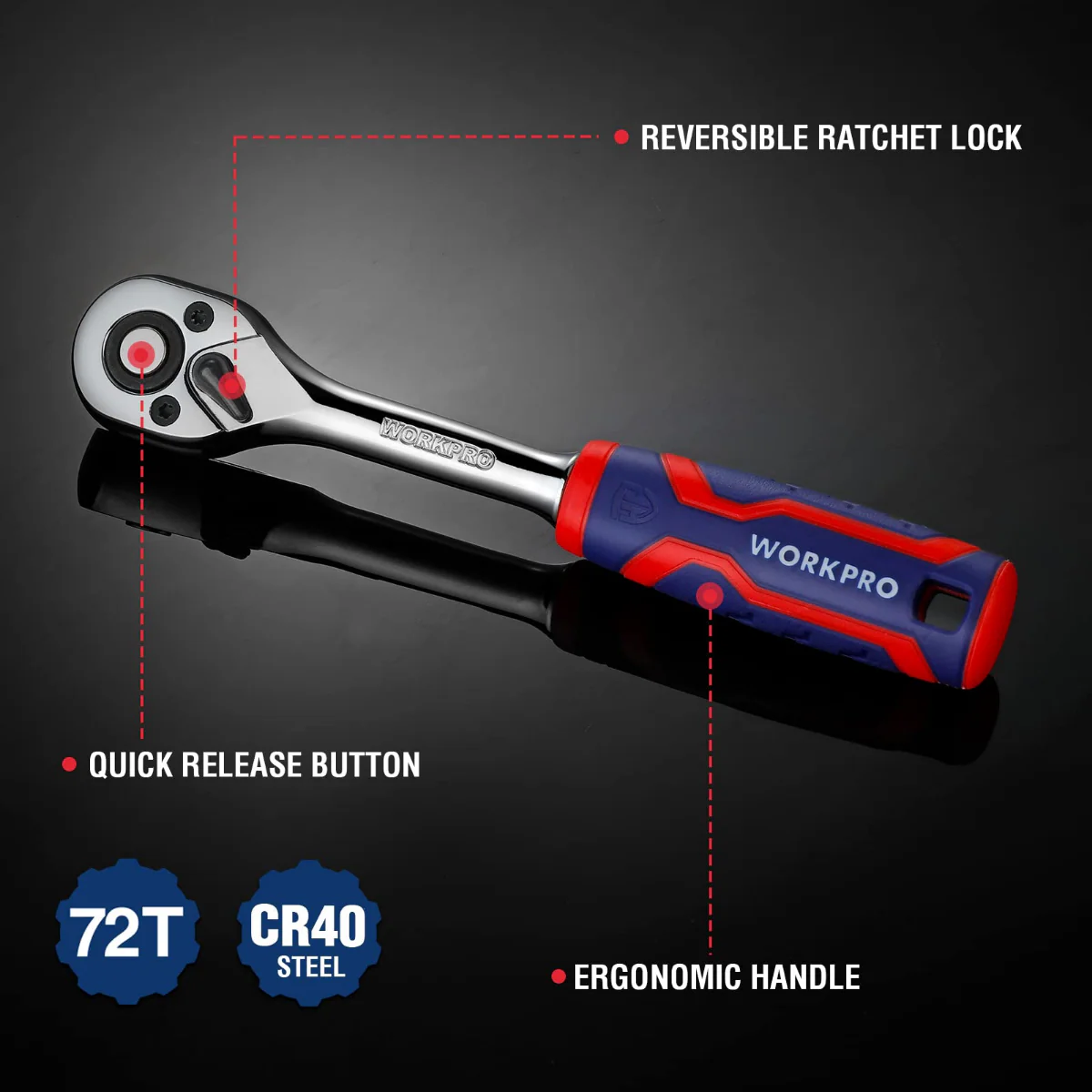 WORKPRO 3 Pcs Ratchet Set, 1/4", 3/8", 1/2" Quick-Release Reversible 72-Tooth 40CR Steel Drive Socket Wrench - Image 3