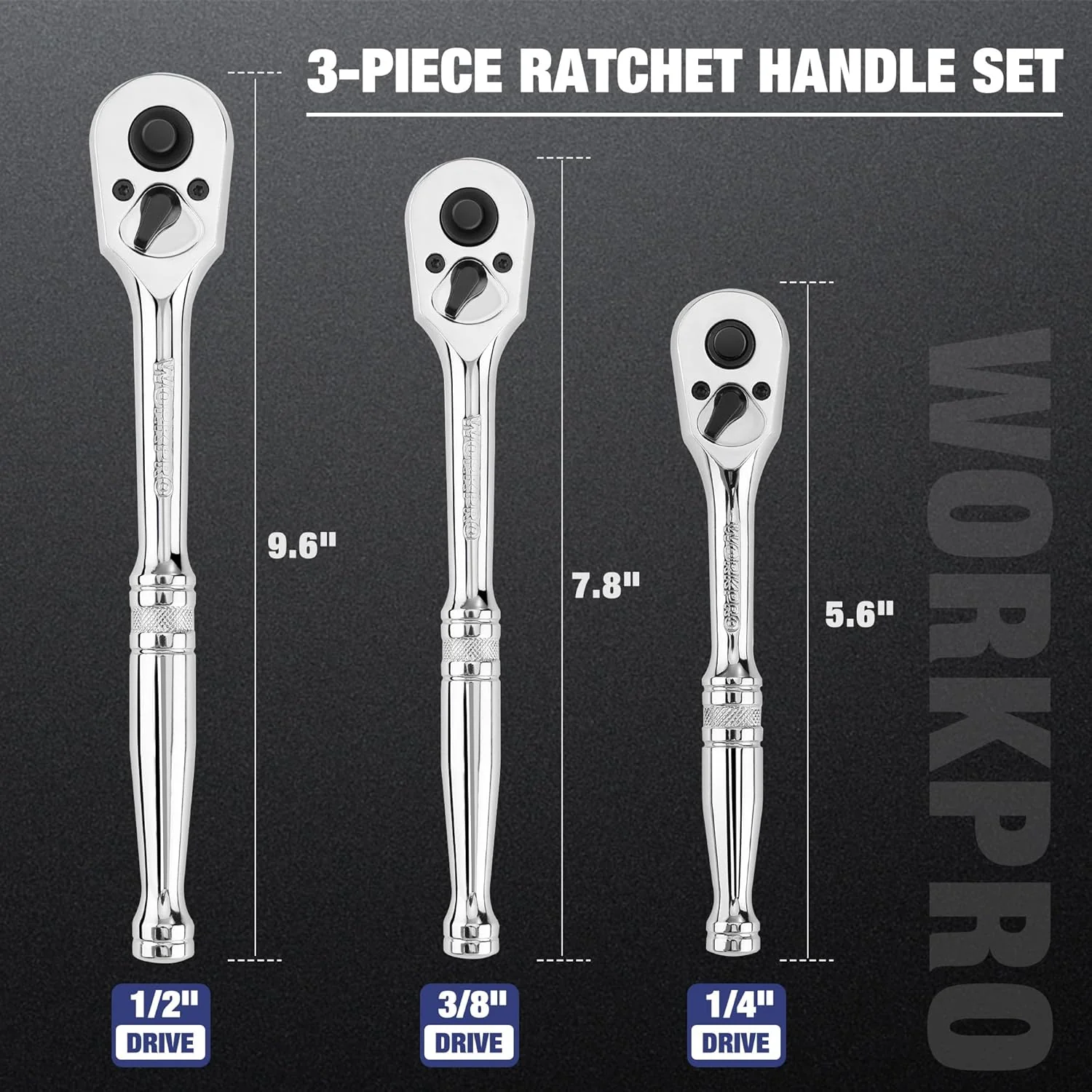 WORKPRO 3-Piece Ratchet Set, Quick Release Reversible, 72-Tooth, 1/4", 3/8", 1/2" Drive Ratchet Wrench, 5 Degree Swing, Chrome Alloy Made, Full Polished, EVA Storage - Image 2