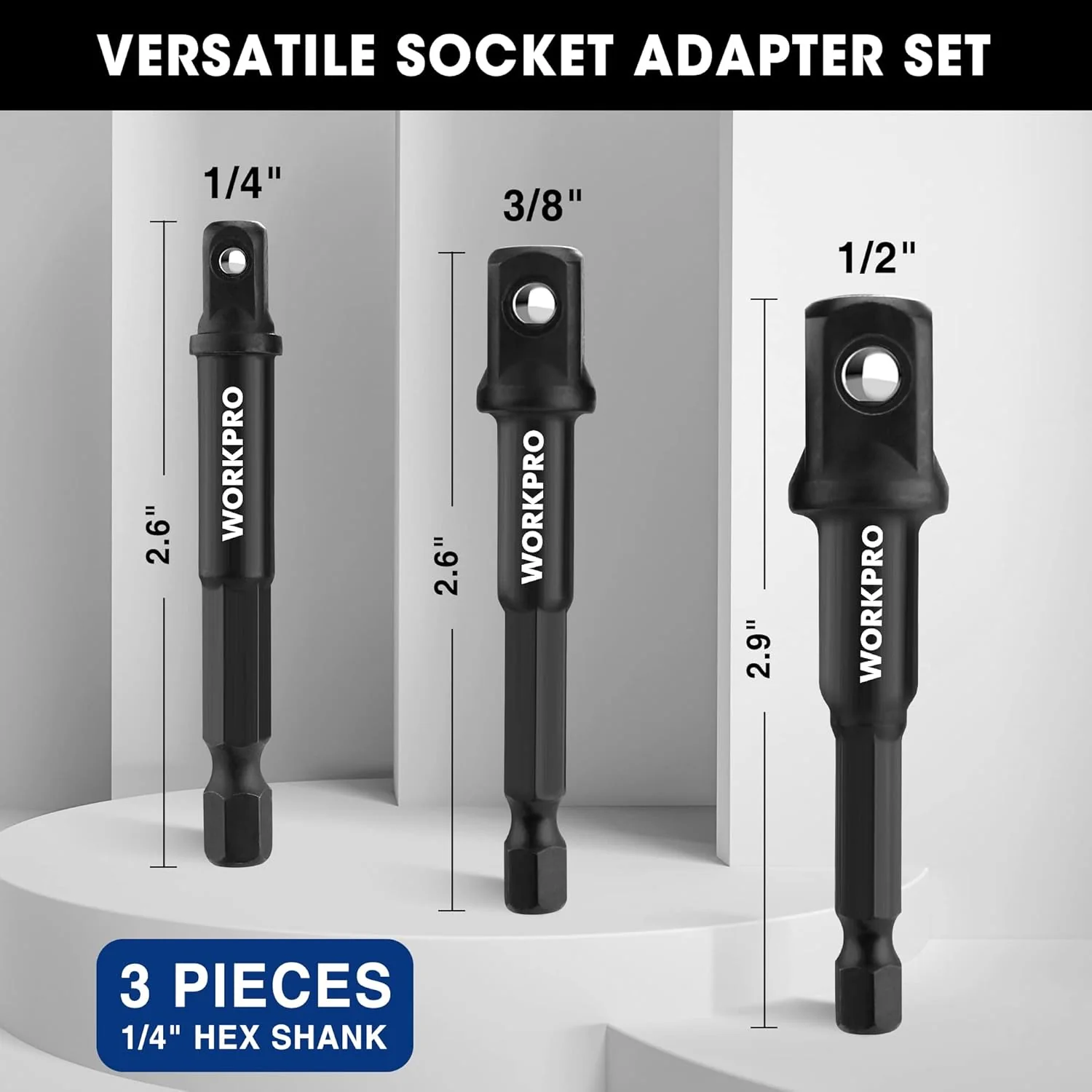 WORKPRO 3-Piece Socket Adapter Extension Set, 1/4-Inch Hex Shank | 1/4" 3/8" 1/2" Impact Socket Driver Set, Drill Sockets Extension Bit, Sockets Driver Adapter, Drill Extension with Holder - Image 2