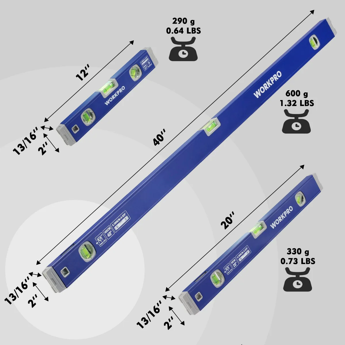 WORKPRO 3-Piece Spirit Level Set (12", 20", 40") - Image 2