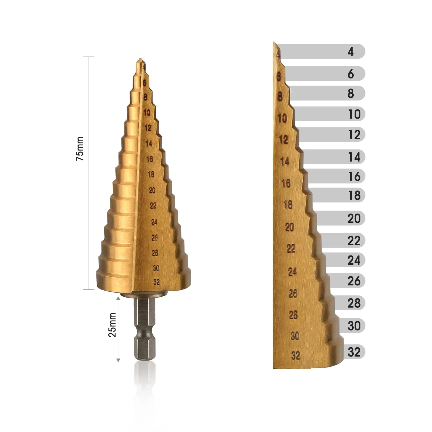 WORKPRO 3-Piece Step Drill Bit Set, 1/4" Hex Shank Quick Change High Speed Steel Titanium Coated Drill Bits for Plastic, Wood, Sheet Metal, Aluminum Hole Drilling, Well-Organized Bag Included,Metric - Image 2
