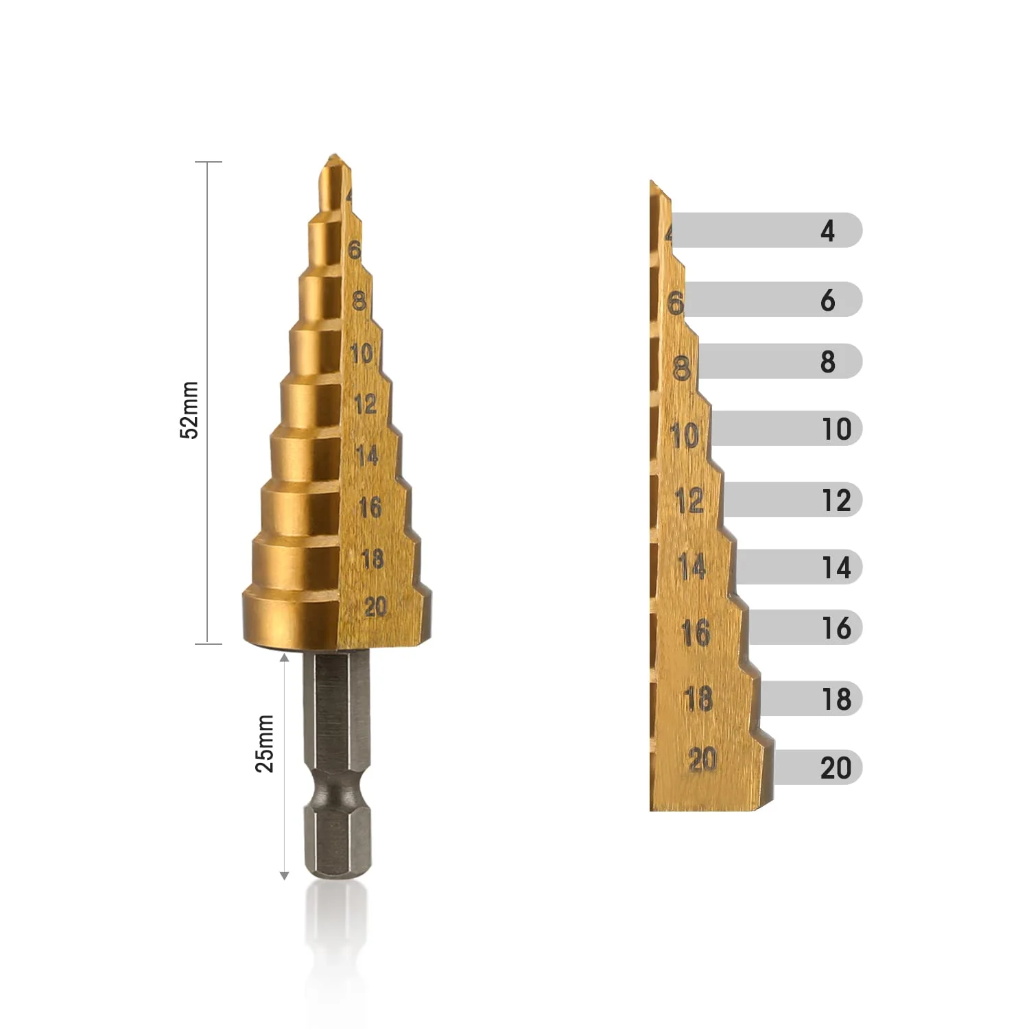 WORKPRO 3-Piece Step Drill Bit Set, 1/4" Hex Shank Quick Change High Speed Steel Titanium Coated Drill Bits for Plastic, Wood, Sheet Metal, Aluminum Hole Drilling, Well-Organized Bag Included,Metric - Image 3
