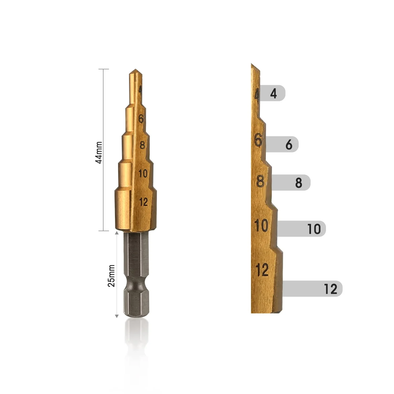WORKPRO 3-Piece Step Drill Bit Set, 1/4" Hex Shank Quick Change High Speed Steel Titanium Coated Drill Bits for Plastic, Wood, Sheet Metal, Aluminum Hole Drilling, Well-Organized Bag Included,Metric - Image 4
