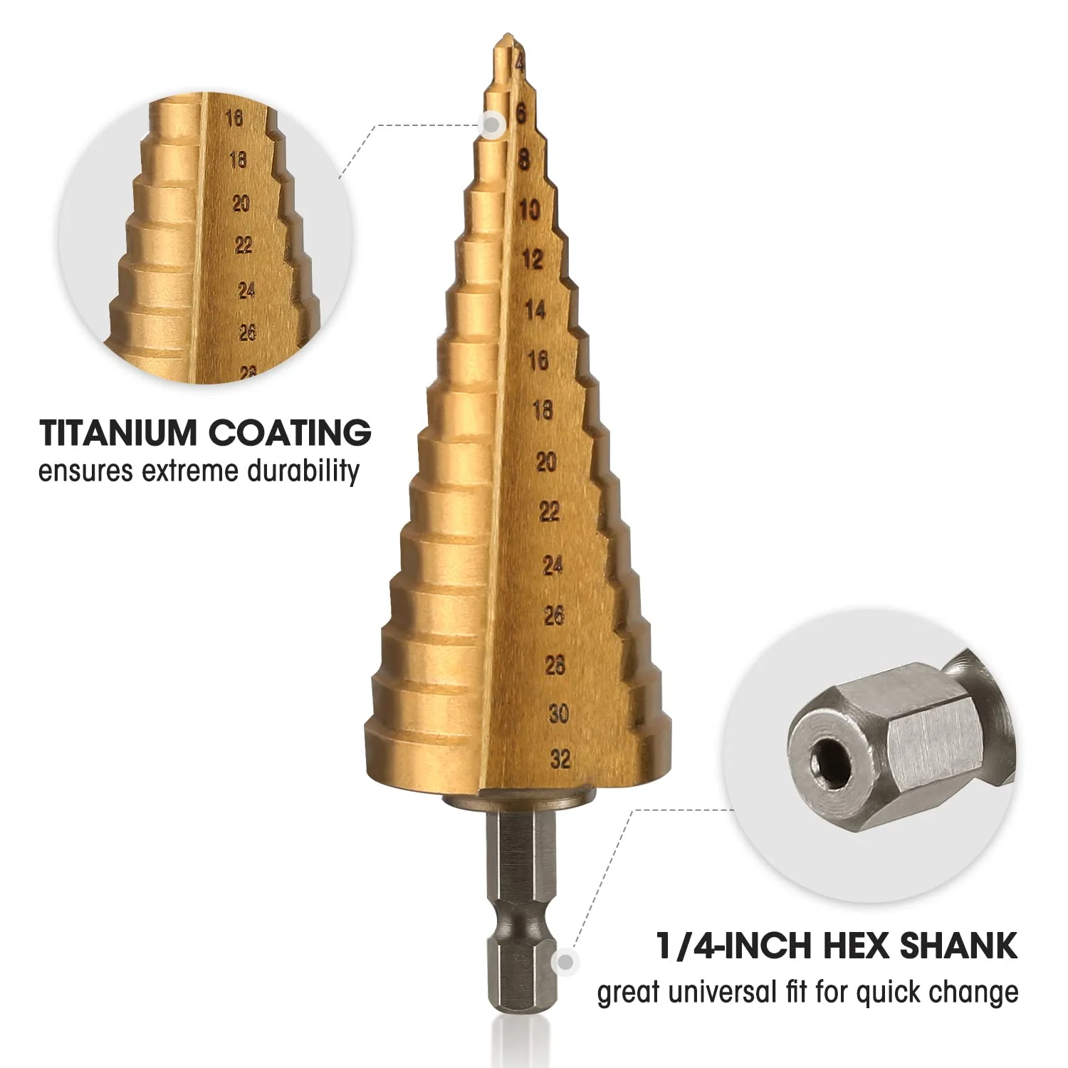 WORKPRO 3-Piece Step Drill Bit Set, 1/4" Hex Shank Quick Change High Speed Steel Titanium Coated Drill Bits for Plastic, Wood, Sheet Metal, Aluminum Hole Drilling, Well-Organized Bag Included,Metric - Image 5