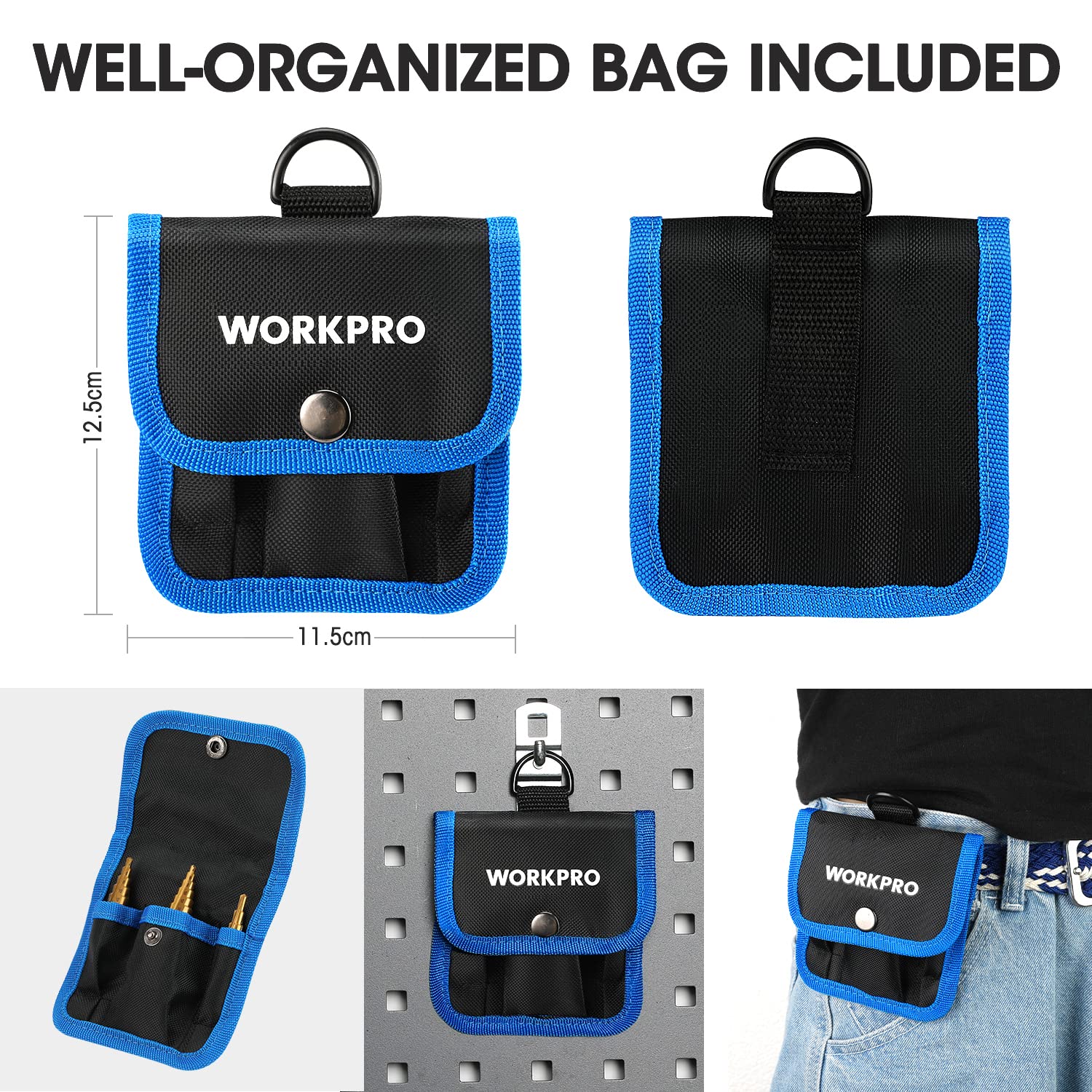 WORKPRO 3-Piece Step Drill Bit Set, 1/4" Hex Shank Quick Change High Speed Steel Titanium Coated Drill Bits for Plastic, Wood, Sheet Metal, Aluminum Hole Drilling, Well-Organized Bag Included,Metric - Image 7