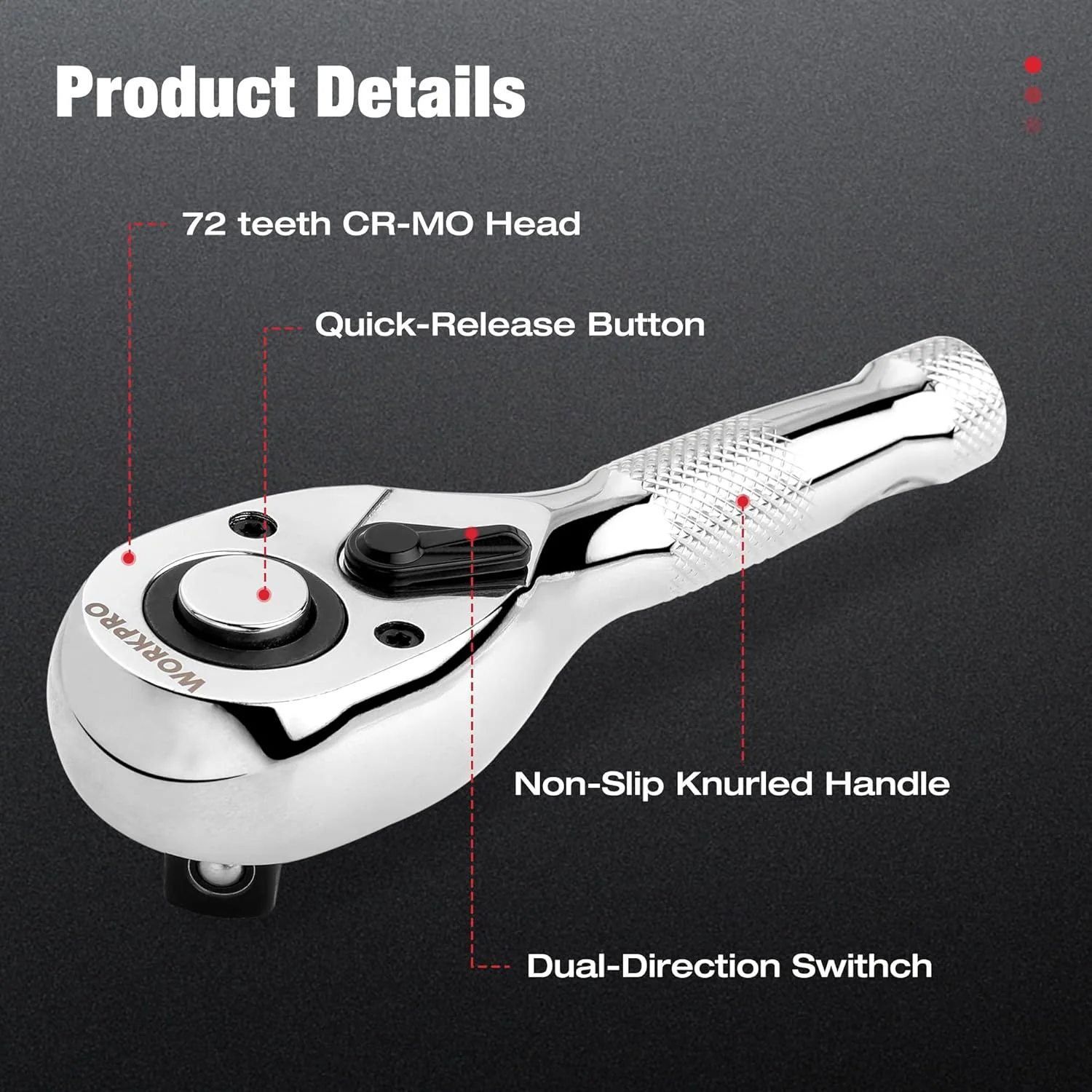 WORKPRO 3-Piece Stubby Ratchet Set, Quick Release Reversible, 1/4", 3/8", 1/2" Drive Mini Ratchet Handles, Chrome Alloy Made, CR-MO Head, 72-Tooth, Full Polished - Image 3