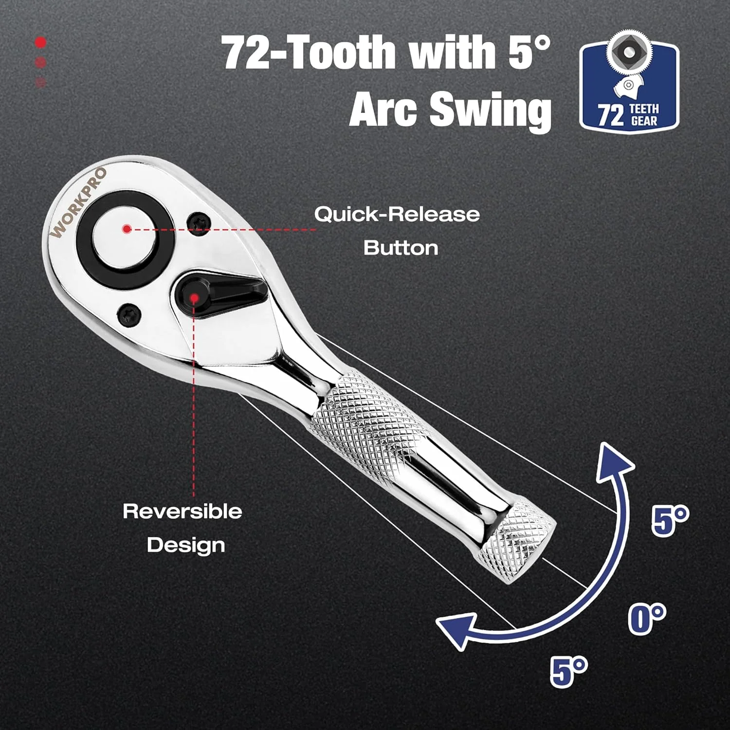 WORKPRO 3-Piece Stubby Ratchet Set, Quick Release Reversible, 1/4", 3/8", 1/2" Drive Mini Ratchet Handles, Chrome Alloy Made, CR-MO Head, 72-Tooth, Full Polished - Image 4
