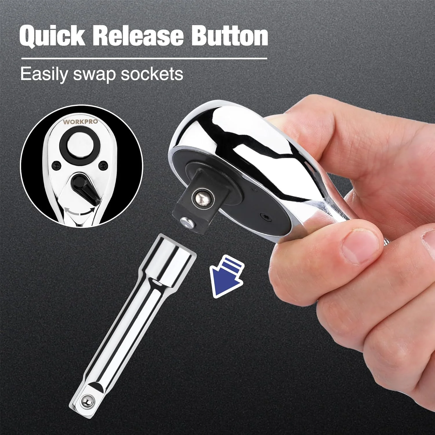 WORKPRO 3-Piece Stubby Ratchet Set, Quick Release Reversible, 1/4", 3/8", 1/2" Drive Mini Ratchet Handles, Chrome Alloy Made, CR-MO Head, 72-Tooth, Full Polished - Image 6