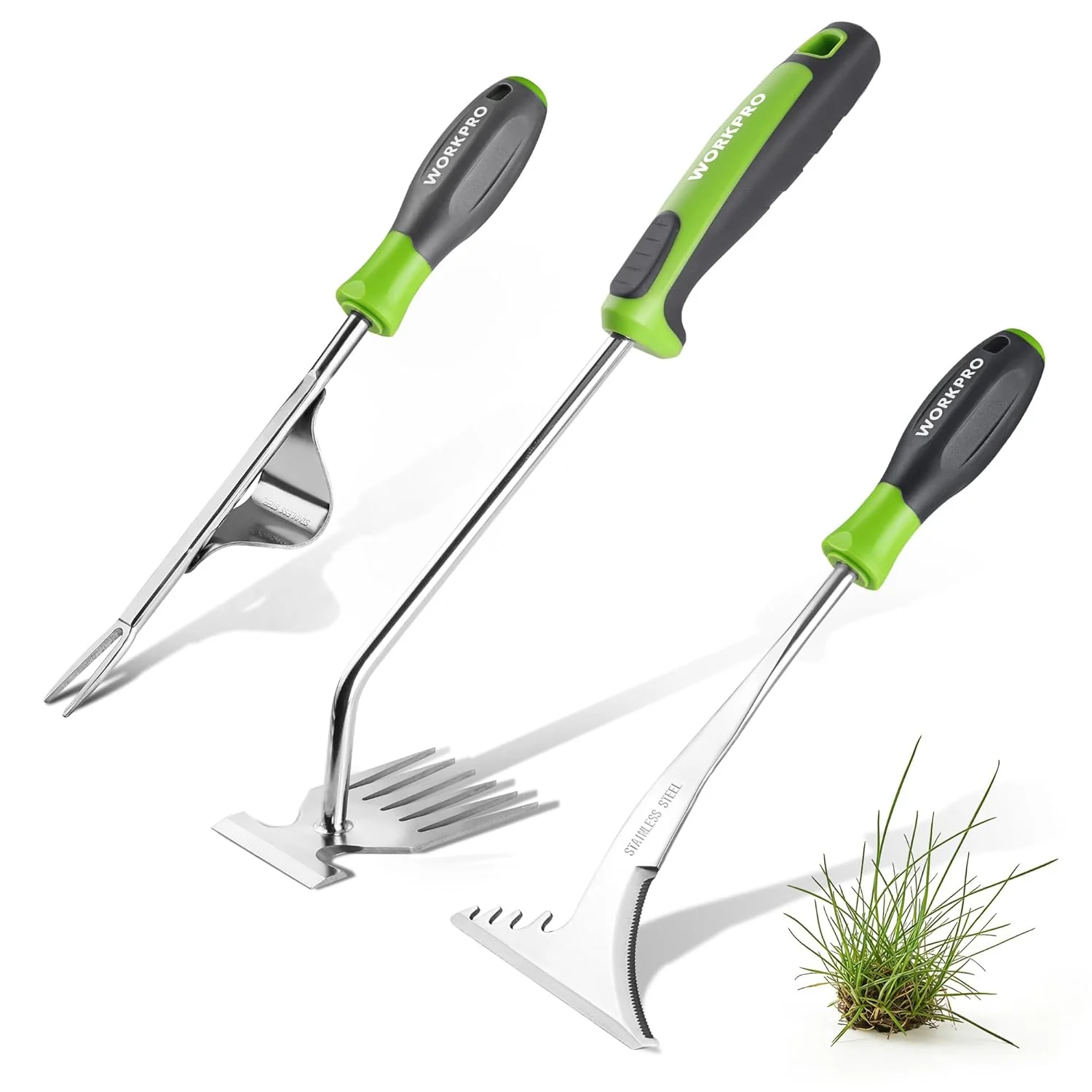 WORKPRO 3-Piece Weed Puller Tool Set, 15-Inch 6-Tine Weed Remover, 12" Hand Weeder, 12.5" Crack Weeder, Stainless Steel with Ergonomic Handle for Lawn, Garden, Yard