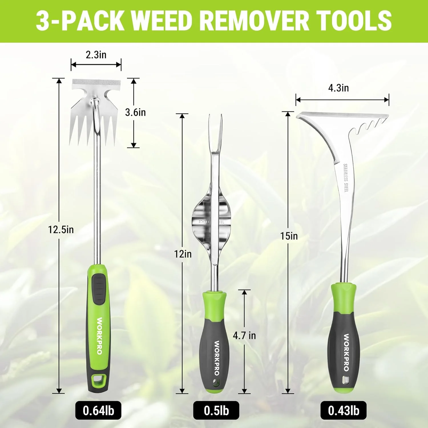 WORKPRO 3-Piece Weed Puller Tool Set, 15-Inch 6-Tine Weed Remover, 12" Hand Weeder, 12.5" Crack Weeder, Stainless Steel with Ergonomic Handle for Lawn, Garden, Yard - Image 2