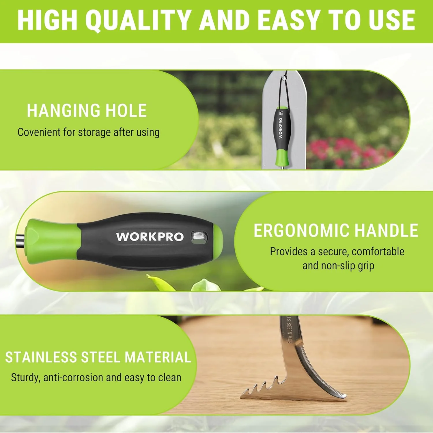 WORKPRO 3-Piece Weed Puller Tool Set, 15-Inch 6-Tine Weed Remover, 12" Hand Weeder, 12.5" Crack Weeder, Stainless Steel with Ergonomic Handle for Lawn, Garden, Yard - Image 3