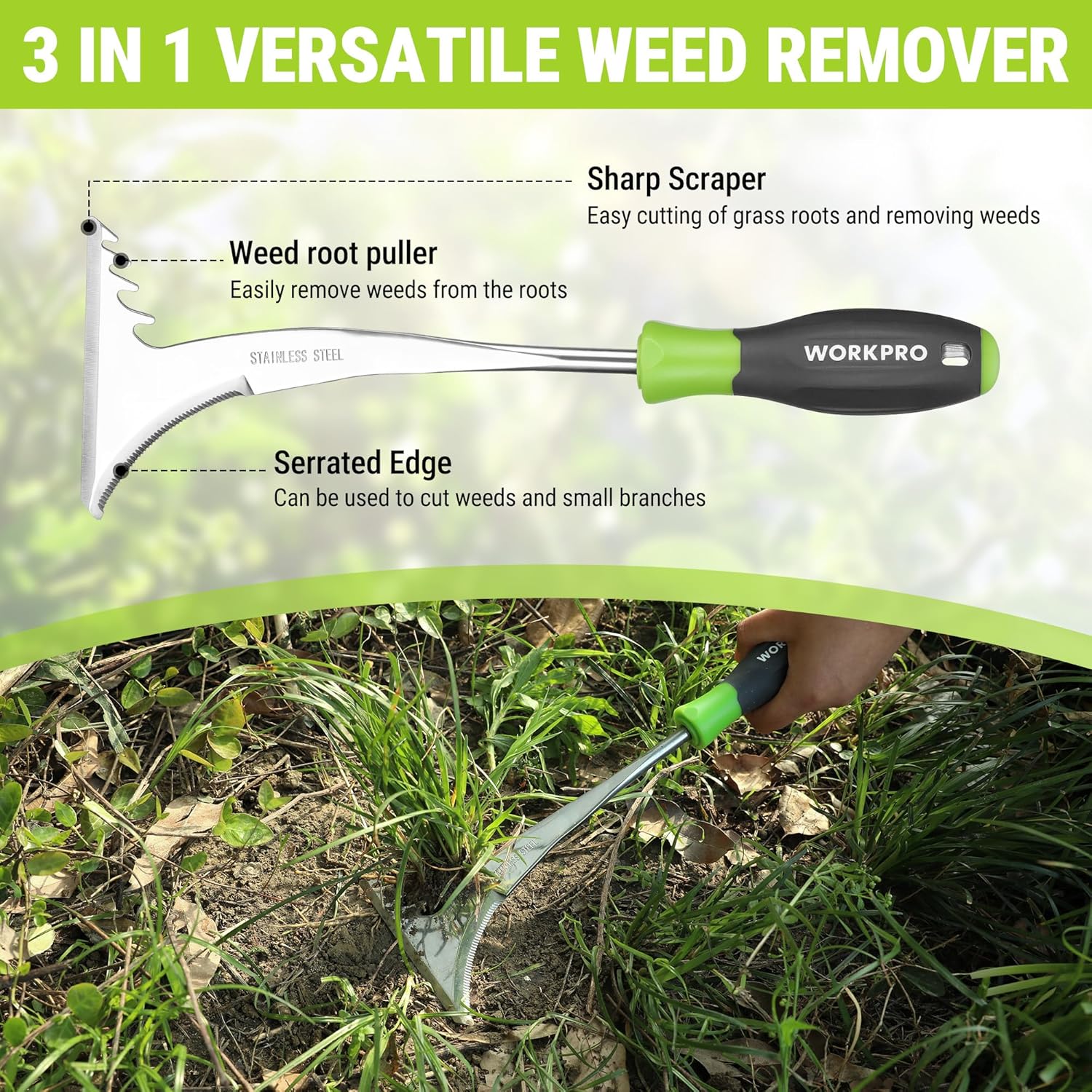 WORKPRO 3-Piece Weed Puller Tool Set, 15-Inch 6-Tine Weed Remover, 12" Hand Weeder, 12.5" Crack Weeder, Stainless Steel with Ergonomic Handle for Lawn, Garden, Yard - Image 4
