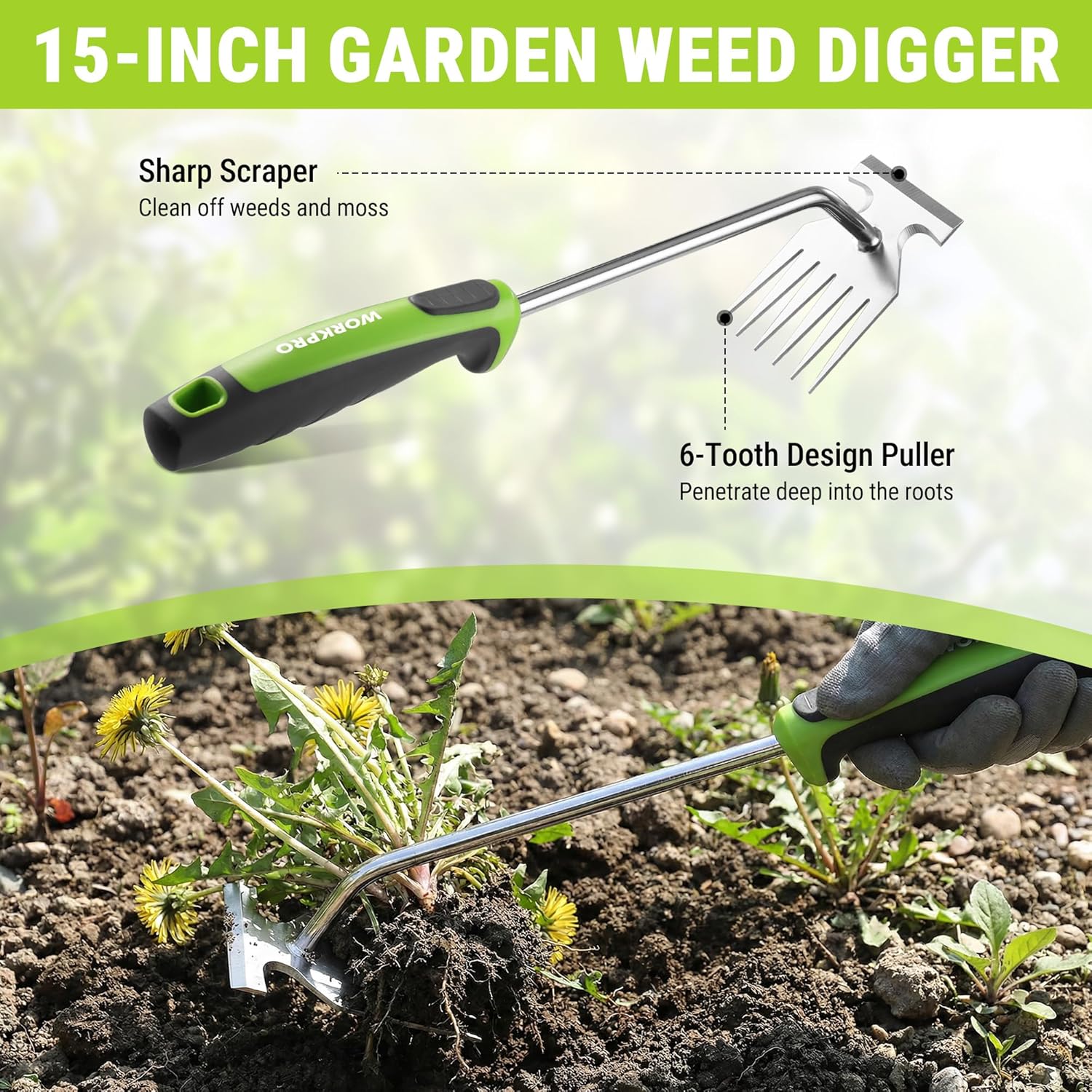 WORKPRO 3-Piece Weed Puller Tool Set, 15-Inch 6-Tine Weed Remover, 12" Hand Weeder, 12.5" Crack Weeder, Stainless Steel with Ergonomic Handle for Lawn, Garden, Yard - Image 6