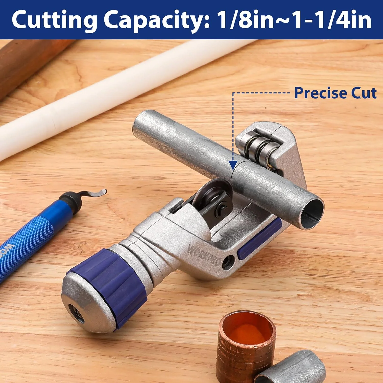 WORKPRO 3 Pieces Tubing Cutter Set - Pipe Cutter with 1/8”-1-1/4” Cutting Capacity, Mini Copper Pipe Cutter with Deburring Tool, Copper, Aluminum, Brass, and Plastic Tubing Cutter - Image 3