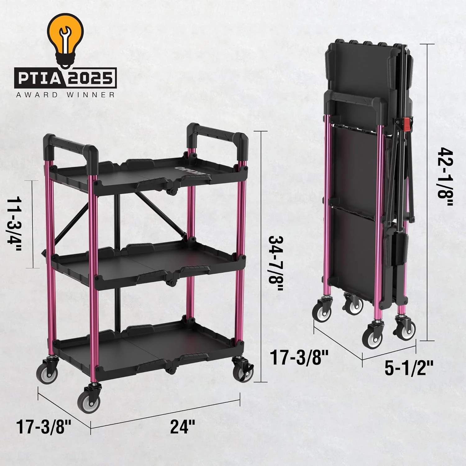 WORKPRO 3-Tier Collapsible Service Cart, Black/Pink, 210 LBS Foldable Utility Cart with Wheels, Portable Rolling Tool Cart for Garage, Warehouse, Home, Restaurant and Office (No Assembly Required) - Image 2