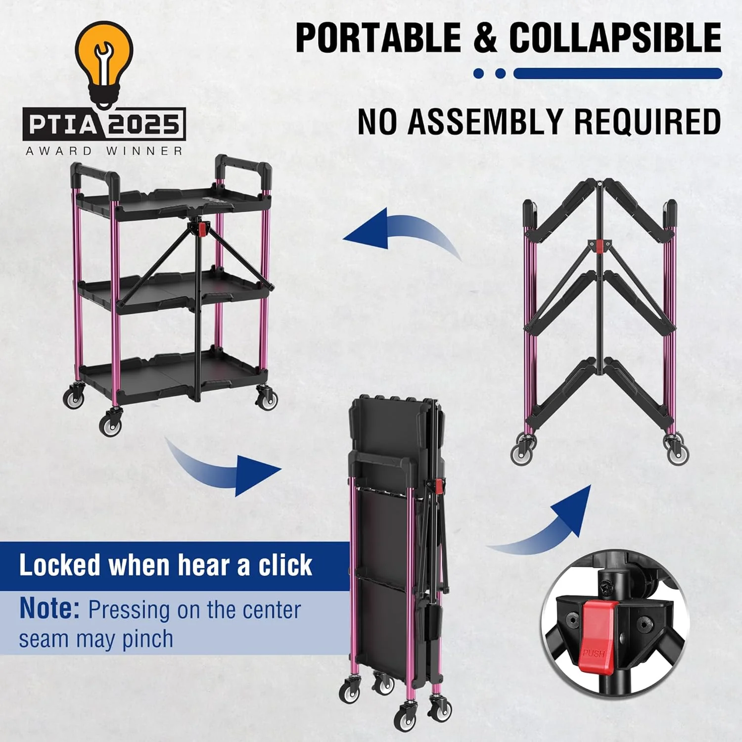 WORKPRO 3-Tier Collapsible Service Cart, Black/Pink, 210 LBS Foldable Utility Cart with Wheels, Portable Rolling Tool Cart for Garage, Warehouse, Home, Restaurant and Office (No Assembly Required) - Image 3