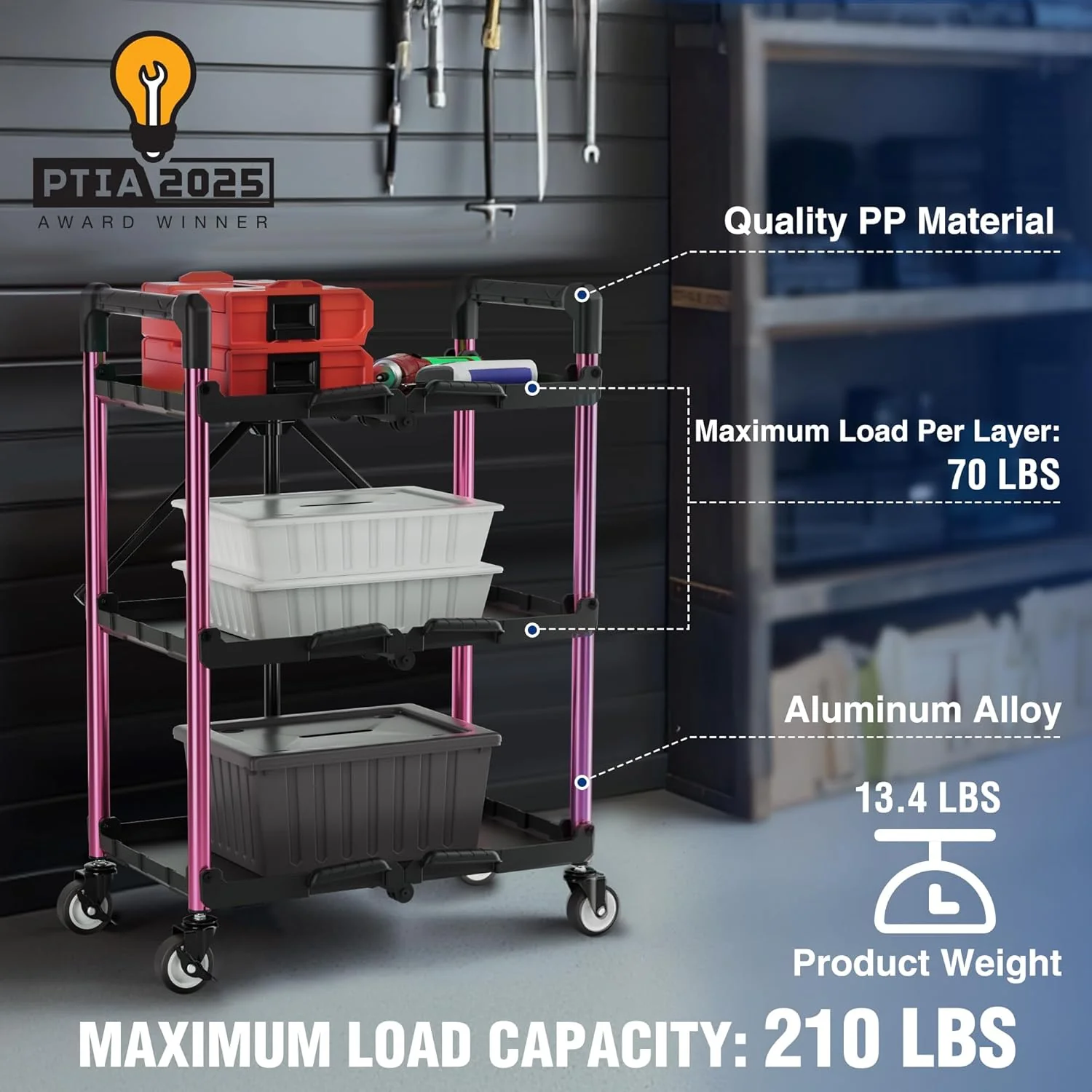 WORKPRO 3-Tier Collapsible Service Cart, Black/Pink, 210 LBS Foldable Utility Cart with Wheels, Portable Rolling Tool Cart for Garage, Warehouse, Home, Restaurant and Office (No Assembly Required) - Image 4