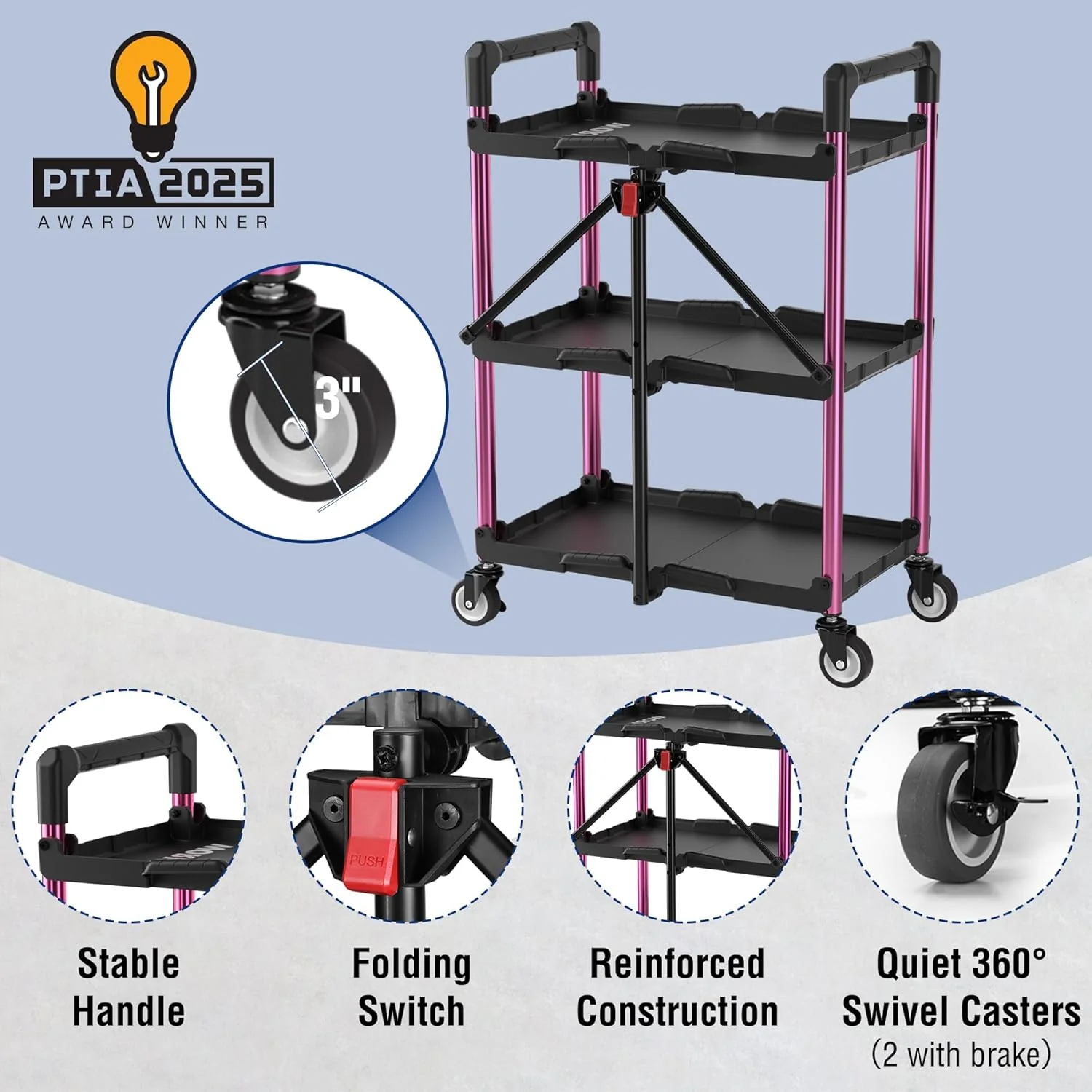 WORKPRO 3-Tier Collapsible Service Cart, Black/Pink, 210 LBS Foldable Utility Cart with Wheels, Portable Rolling Tool Cart for Garage, Warehouse, Home, Restaurant and Office (No Assembly Required) - Image 5