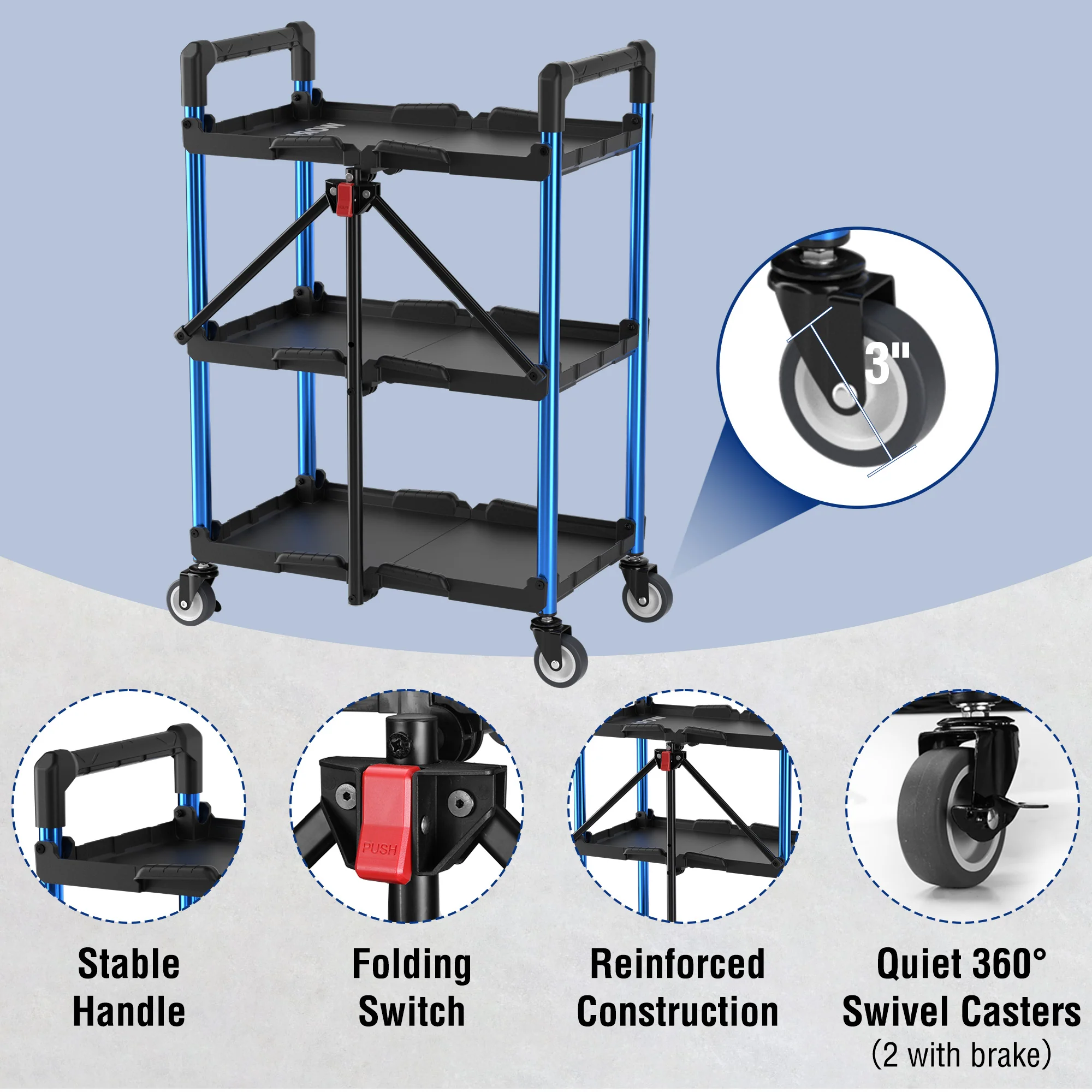 WORKPRO 3-Tier Collapsible Service Cart with Wheels, 210 LBS (No Assembly Required) - Image 5