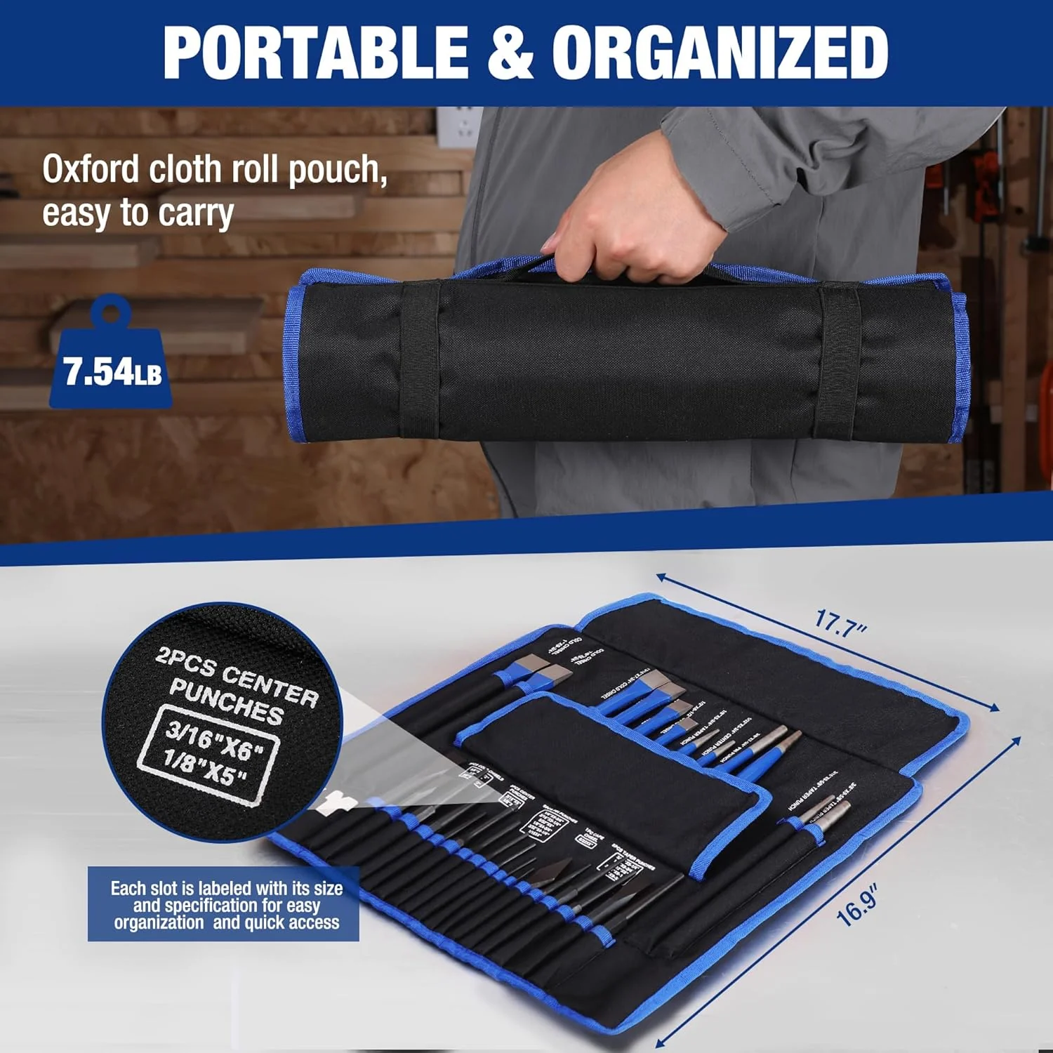WORKPRO 30 PCS Heavy Duty Punch and Chisel Set with Roll Pouch, Cold & Cape Chisel, Center, Pin & Taper Punch, and Gauge, Blackened and Painted Finish for Durability - Image 7