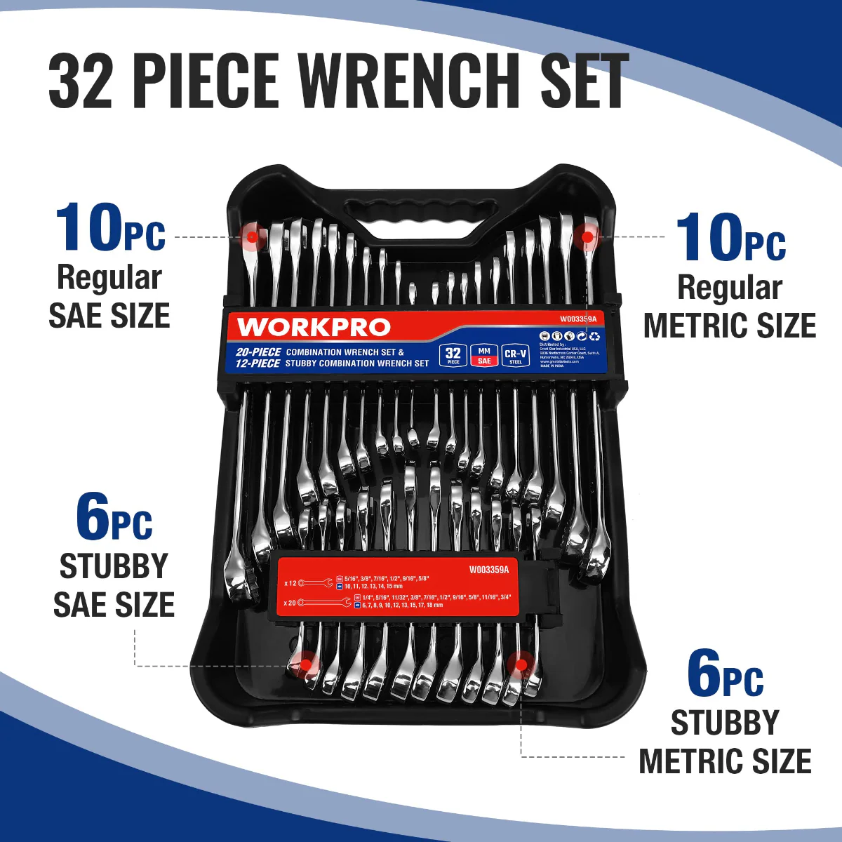 WORKPRO 32 Pcs SAE & Metric Combination 12 PT Regular and Stubby Wrench Set - Image 3
