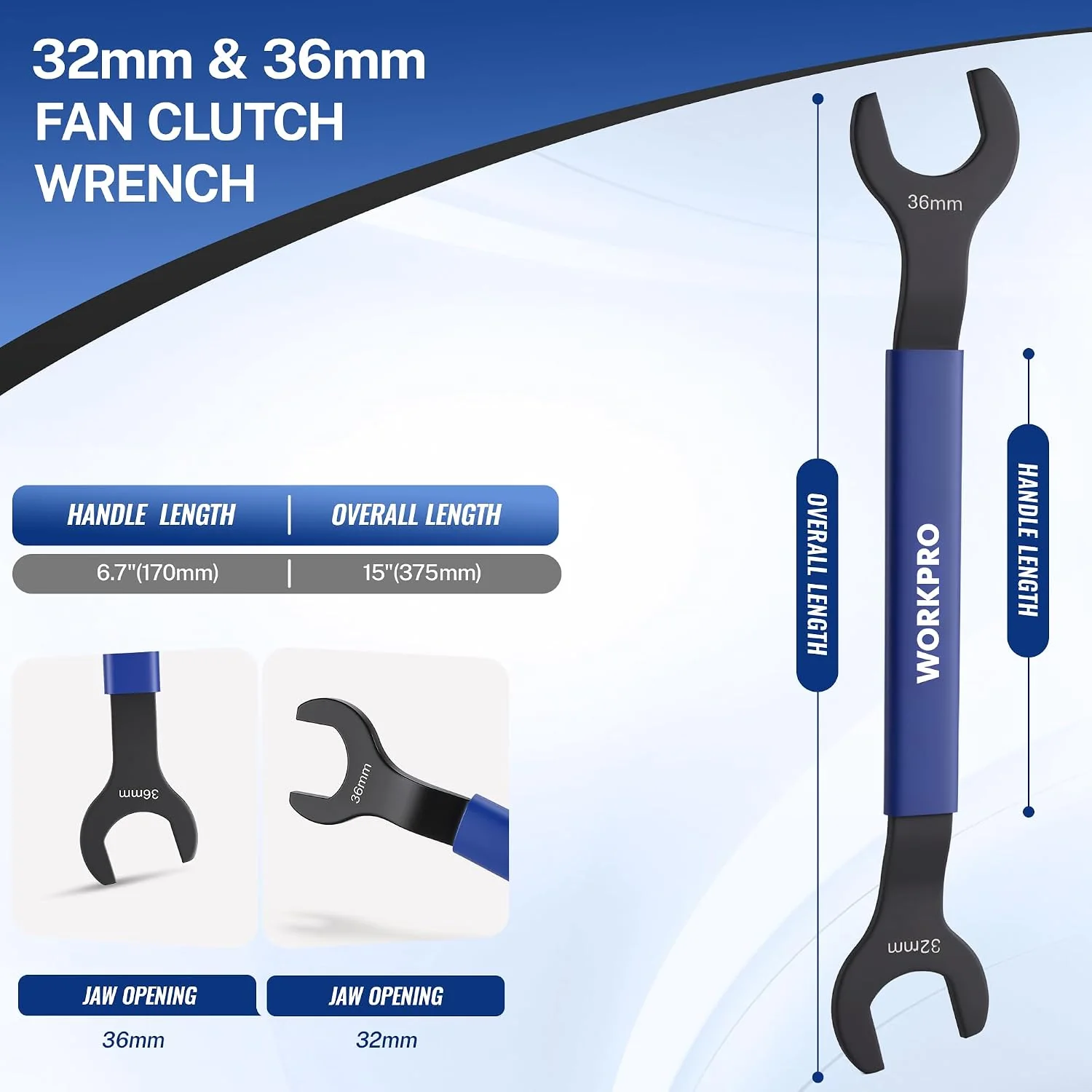 WORKPRO 32mm & 36mm Fan Clutch Wrench Set with Water Pump Pulley Holder | Fan Clutch Removal Tool Kit for BMW, Ford, GM, Dodge, Chevrolet, Jeep. Water Pump Holder, Clutch Fan Tool with Carrying Case - Image 2