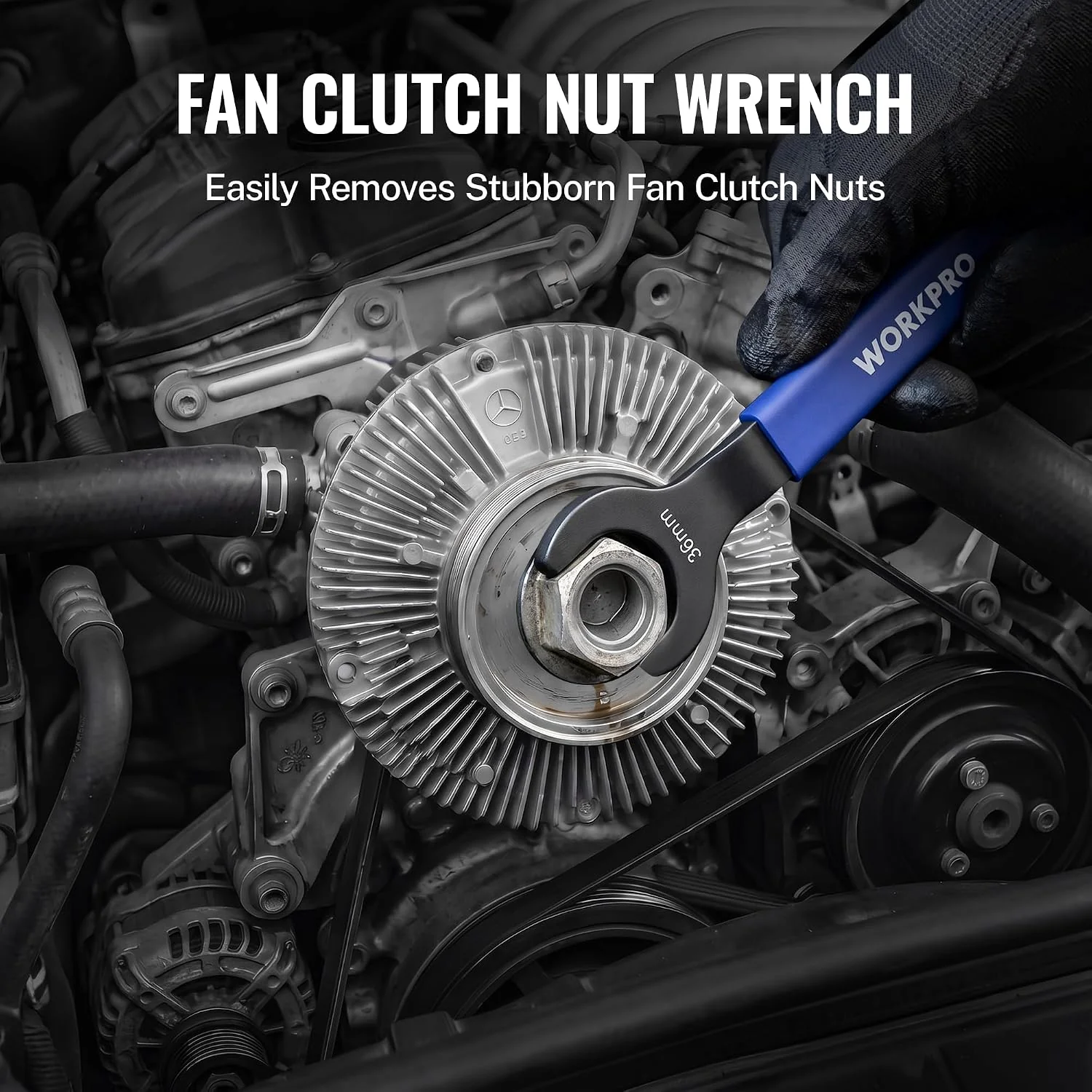 WORKPRO 32mm & 36mm Fan Clutch Wrench Set with Water Pump Pulley Holder | Fan Clutch Removal Tool Kit for BMW, Ford, GM, Dodge, Chevrolet, Jeep. Water Pump Holder, Clutch Fan Tool with Carrying Case - Image 4