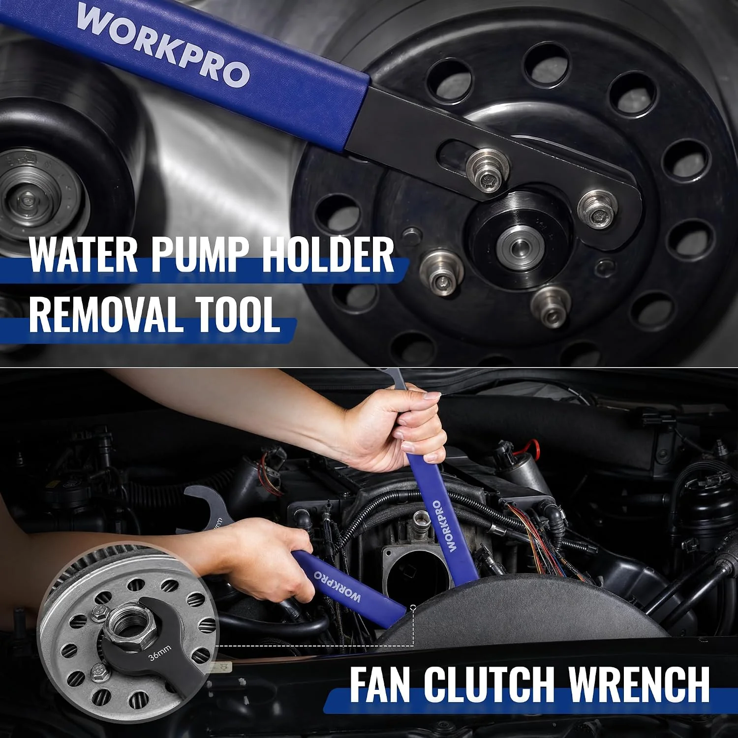 WORKPRO 32mm & 36mm Fan Clutch Wrench Set with Water Pump Pulley Holder | Fan Clutch Removal Tool Kit for BMW, Ford, GM, Dodge, Chevrolet, Jeep. Water Pump Holder, Clutch Fan Tool with Carrying Case - Image 6