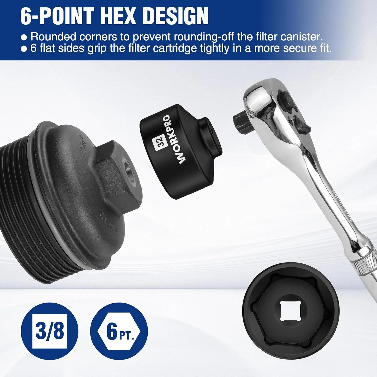 WORKPRO 32mm Oil Filter Socket Wrench, Oil Filter Removal Tool, Oil Filter Change Set, Ideal for Some Ecotec, TDI, VW, Audi, BMW, Polaris, GM, Volkswagen, Pontiac, Chevrolet, Saturn, Pontiac, Saab - Image 3