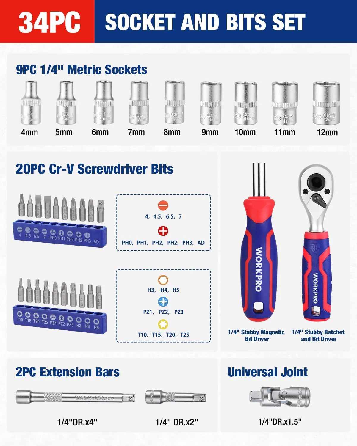 WORKPRO 34 PCS 1/4" Drive Mini Socket Ratchet Wrench Set, Screwdriver Bit Set, Dual Socket & Bit Head Ratchet, Magnetic Driver, Metric Sockets 4-12mm, Extension Bars & Universal Joint, Storage Case - Image 3