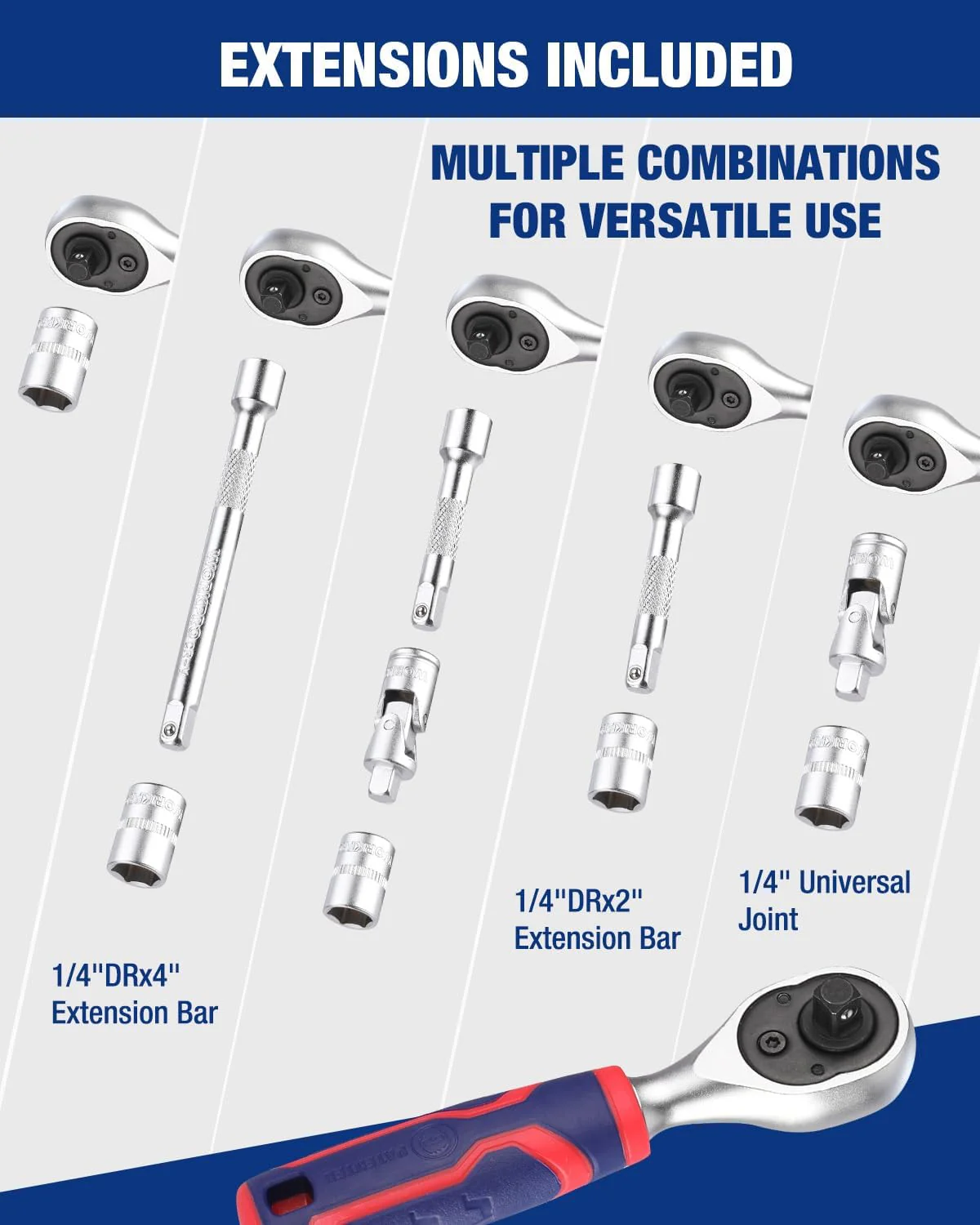 WORKPRO 34 PCS 1/4" Drive Mini Socket Ratchet Wrench Set, Screwdriver Bit Set, Dual Socket & Bit Head Ratchet, Magnetic Driver, Metric Sockets 4-12mm, Extension Bars & Universal Joint, Storage Case - Image 6