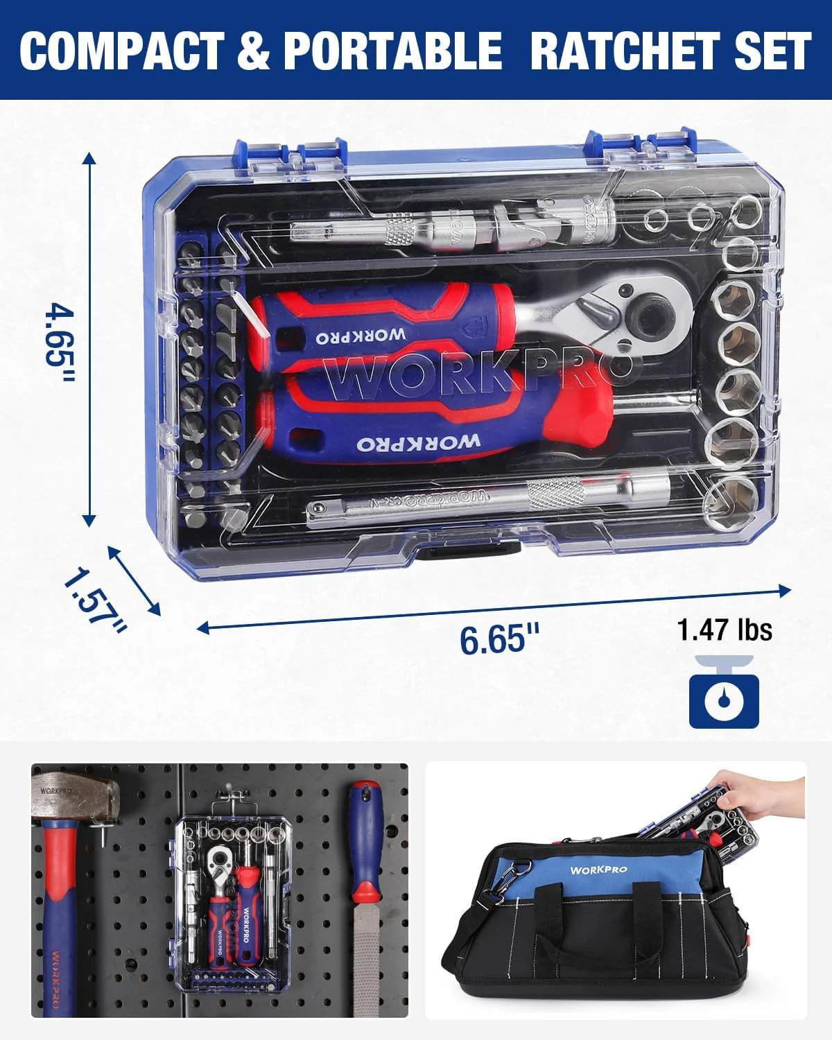 WORKPRO 34 PCS 1/4" Drive Mini Socket Ratchet Wrench Set, Screwdriver Bit Set, Dual Socket & Bit Head Ratchet, Magnetic Driver, Metric Sockets 4-12mm, Extension Bars & Universal Joint, Storage Case - Image 8