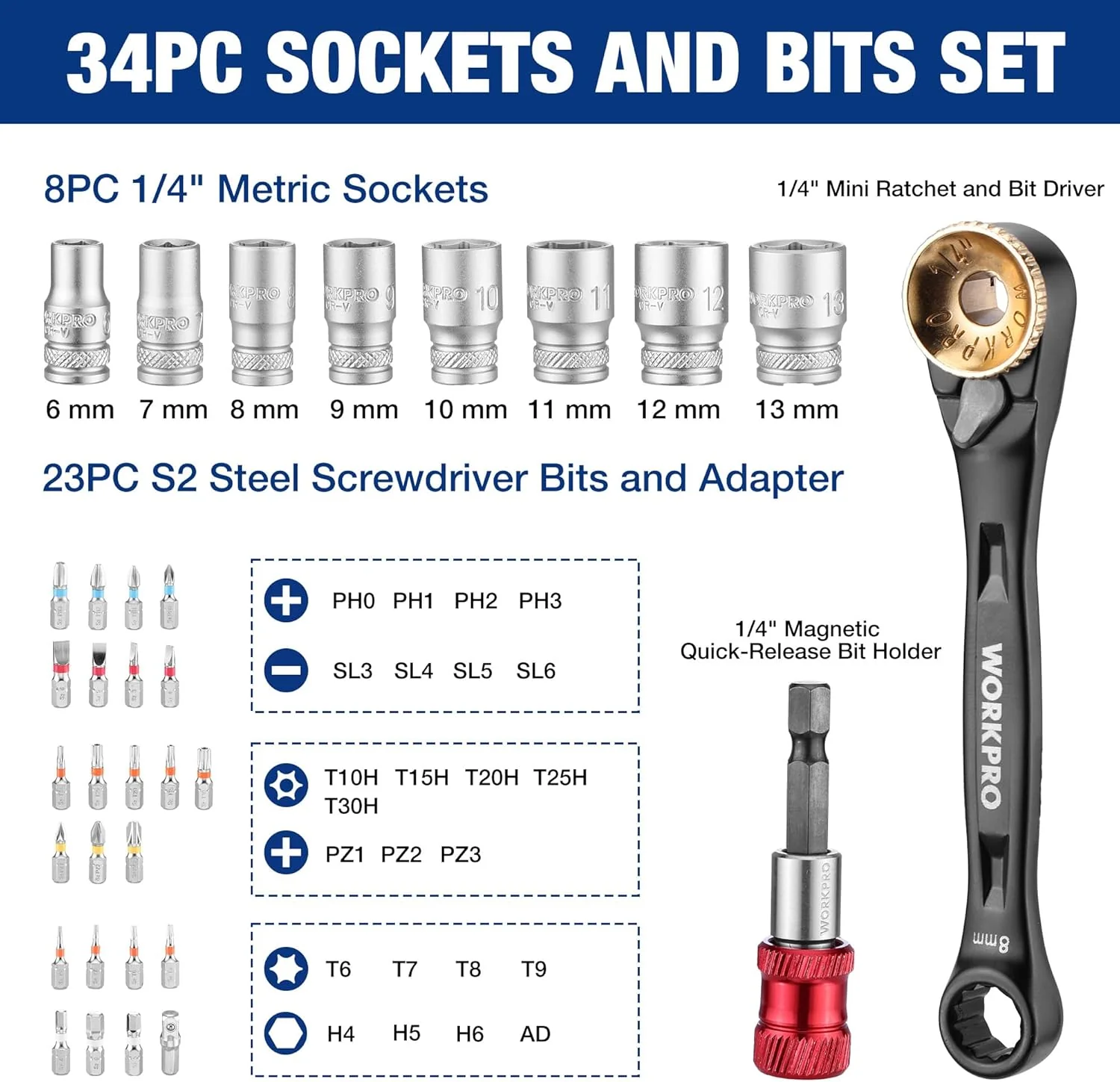 WORKPRO 34-Piece 1/4" Mini Ratchet Wrench Set, 72-Tooth, Right Angle Screwdriver Mens Gifts, 90 Degree Offset Ratcheting Screwdriver Mini Low Profile Ratchet Wrench Bit Socket Set for Tight Space - Image 3