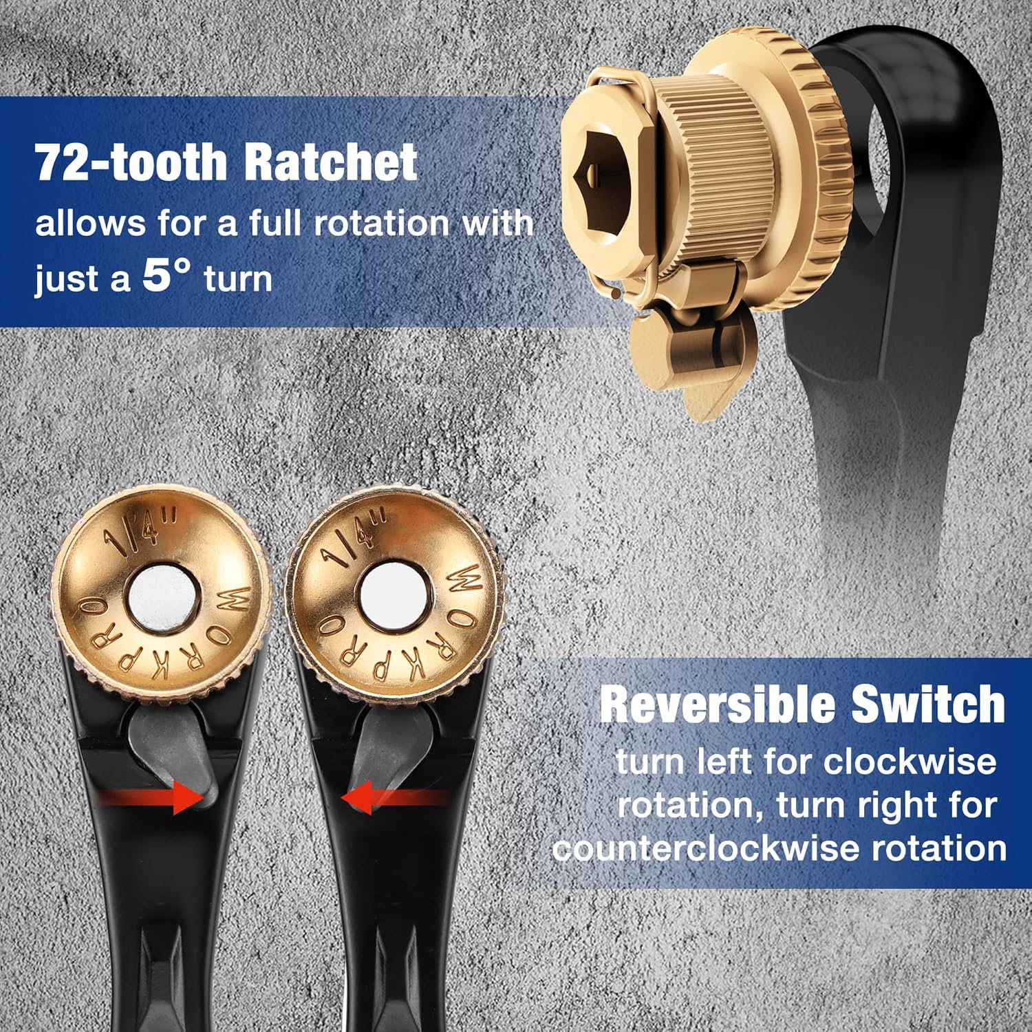 WORKPRO 34-Piece 1/4" Mini Ratchet Wrench Set, 72-Tooth, Right Angle Screwdriver Mens Gifts, 90 Degree Offset Ratcheting Screwdriver Mini Low Profile Ratchet Wrench Bit Socket Set for Tight Space - Image 4