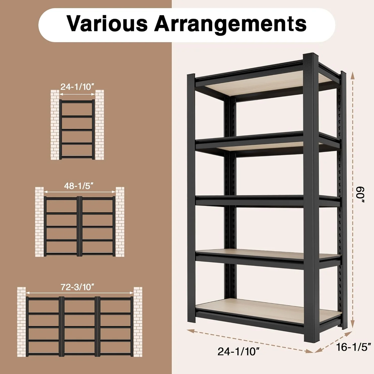 WORKPRO  5-Tier Heavy Duty Metal Particle Board Shelving Unit, 3000lbs Capacity-Black - Image 2